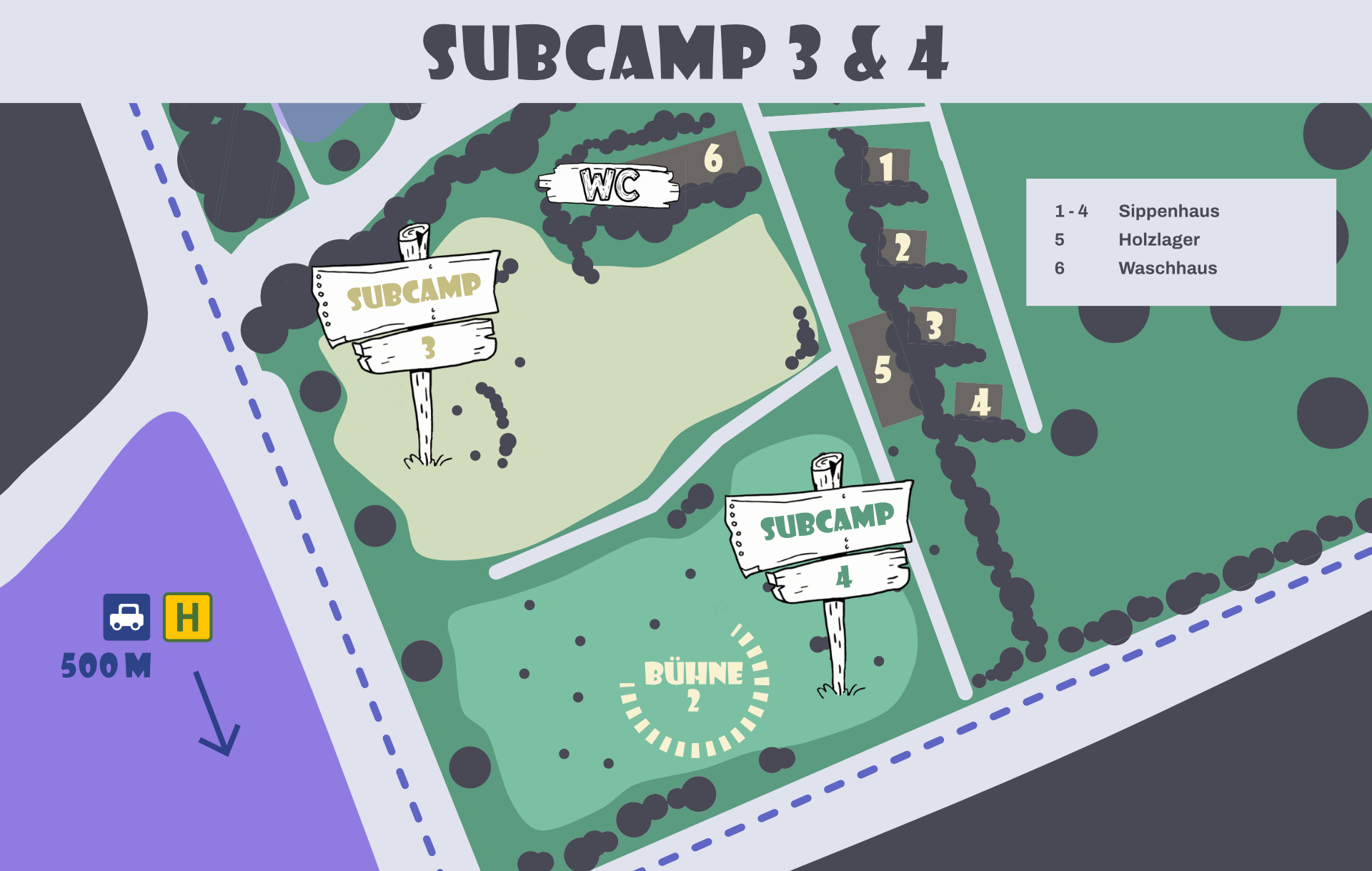 Lageplan eines Subcamps mit zwei Bühnen, mehreren Unterkünften, einer sanitären Anlage und einem Holzlagerbereich, inklusive einem Parkplatz mit Bushaltestelle 500 Meter entfernt.