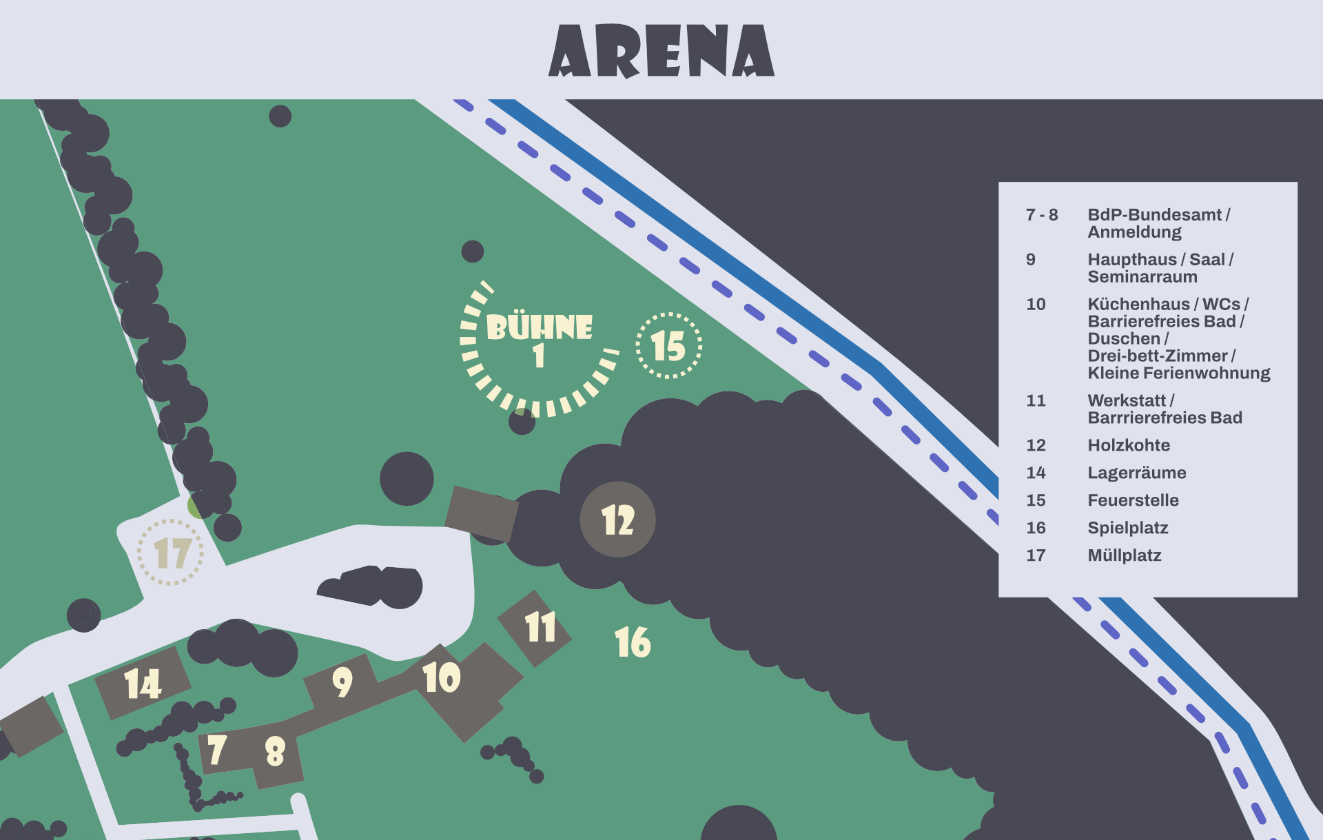 Karte eines Campinggeländes mit Bereichen wie Bühne, Feuerstelle, Spielplatz, Lageräume, Mülleimer und verschiedene Unterkünfte, begleitet von einer Legende auf der rechten Seite.