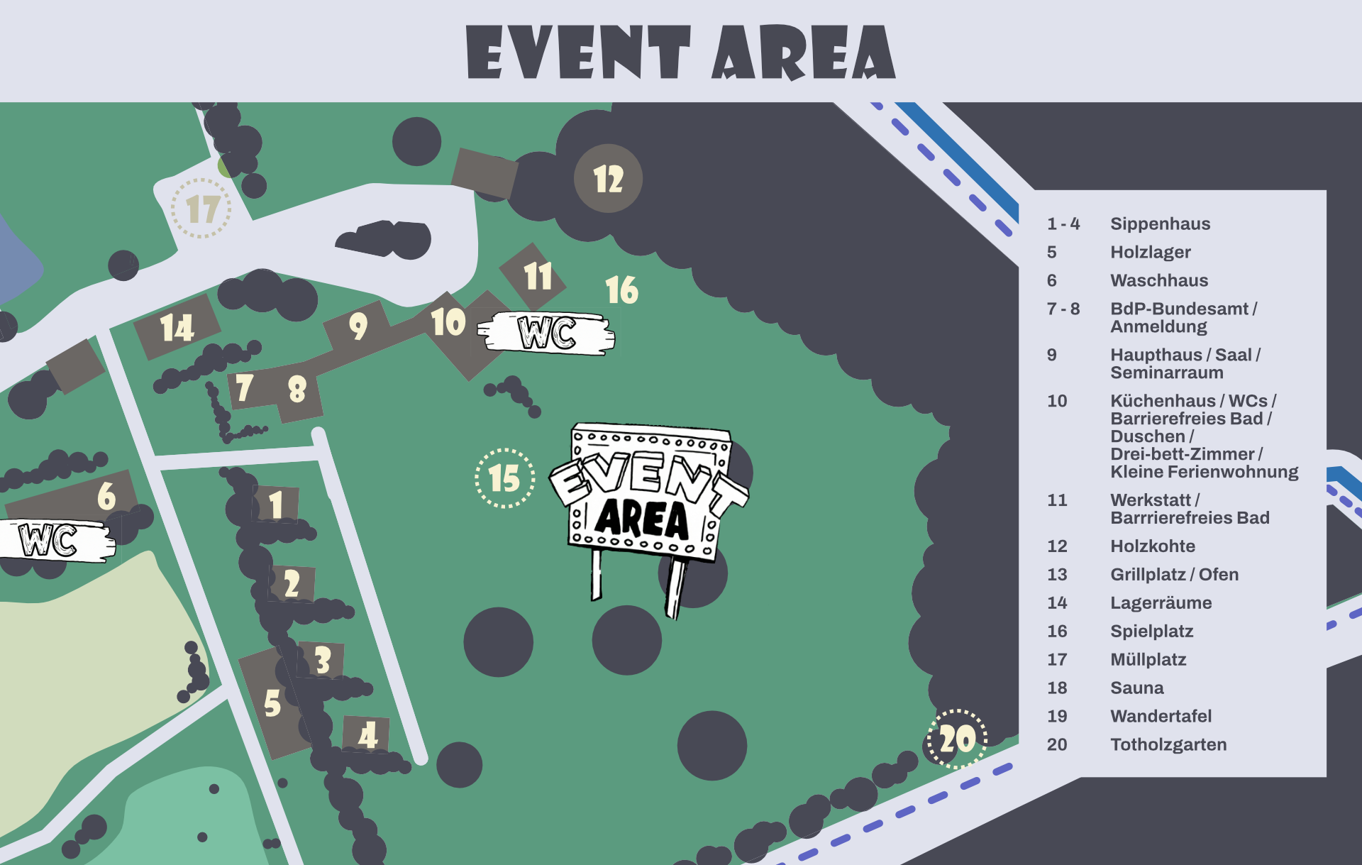 Lageplan eines Veranstaltungsbereichs mit Bereichen für WC, Holzlager, Waschküche, Bundesamt, Hauptgebäude, Küche, Werkstatt, Grillplatz, Lagerraum, Spielplatz, Müllplatz, Sauna, Wandertafel und Totholzgarten. Es gibt markierte Wege, Grünflächen, ein