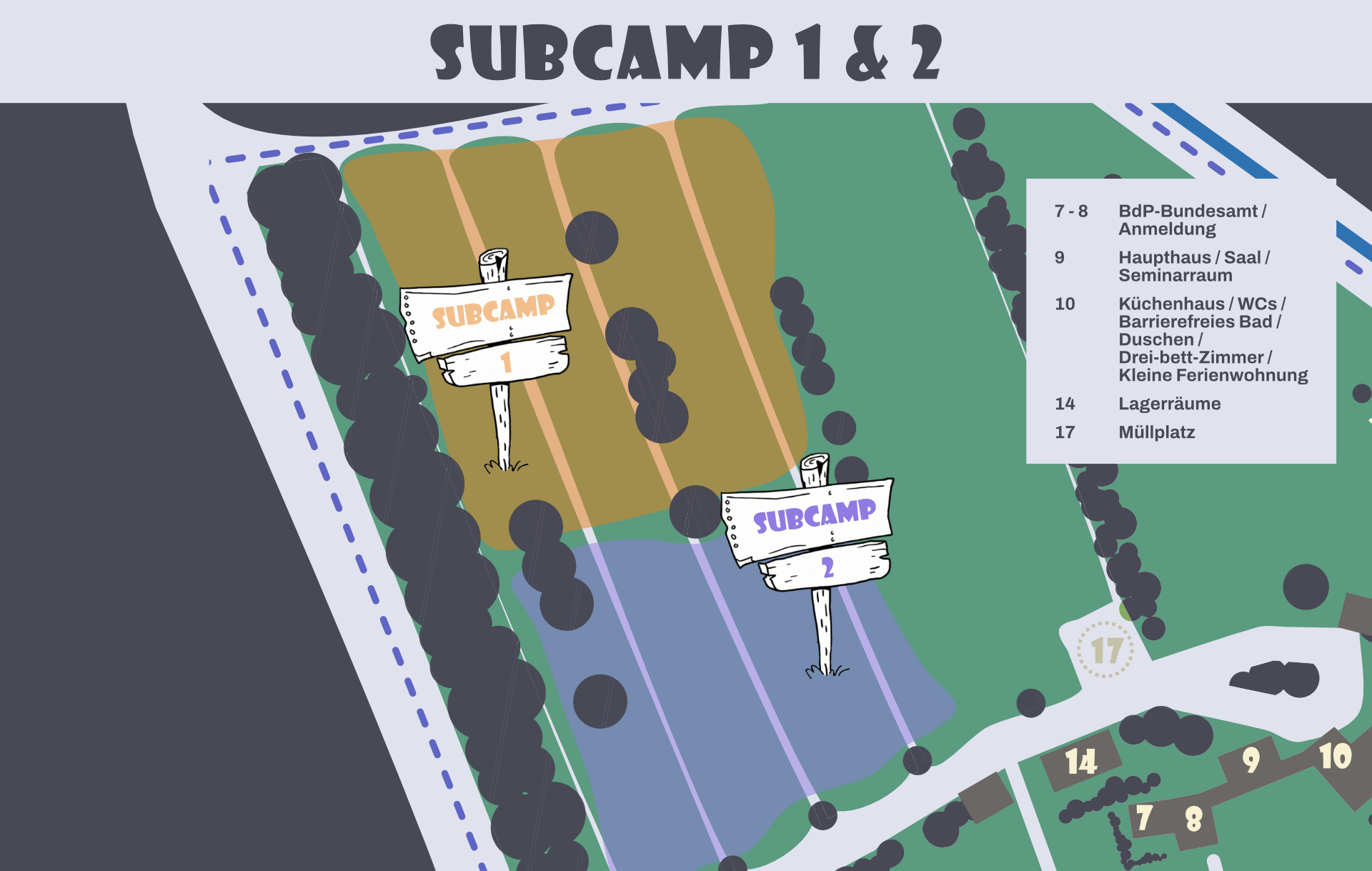 Lageplan eines Geländes mit zwei markierten Subcamps, eingetragen mit Nummer 1 und 2. Es gibt Aufteilungen mit Wegen, Bäumen, einem See, Lagerhäusern, einem Müllplatz und weiteren Einrichtungen. Ein Legende auf der rechten Seite beschreibt die Nummer