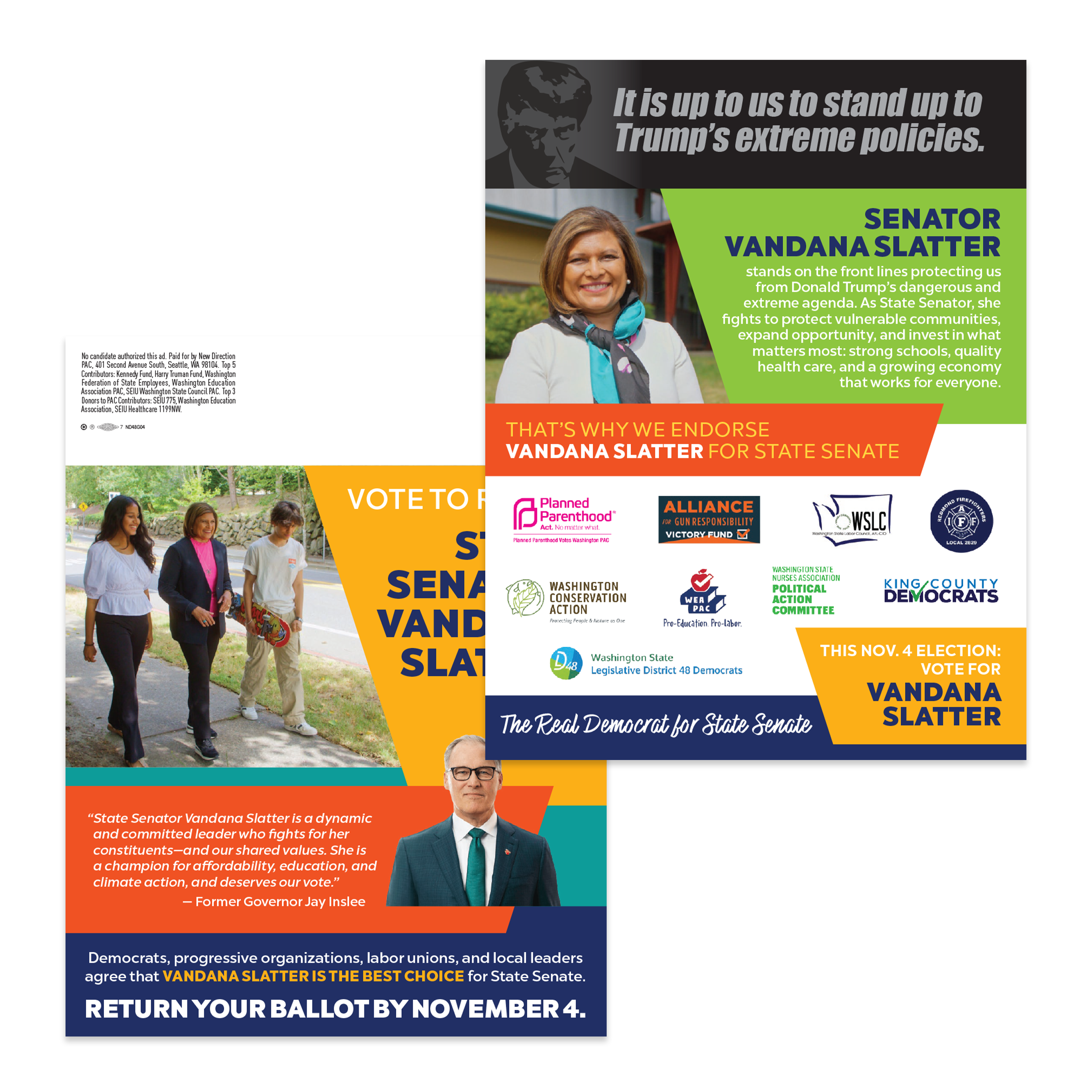 Campaign flyers for Vandana Slatter's Senate campaign featuring her photo, supporting logos, and details about her platform and election date.