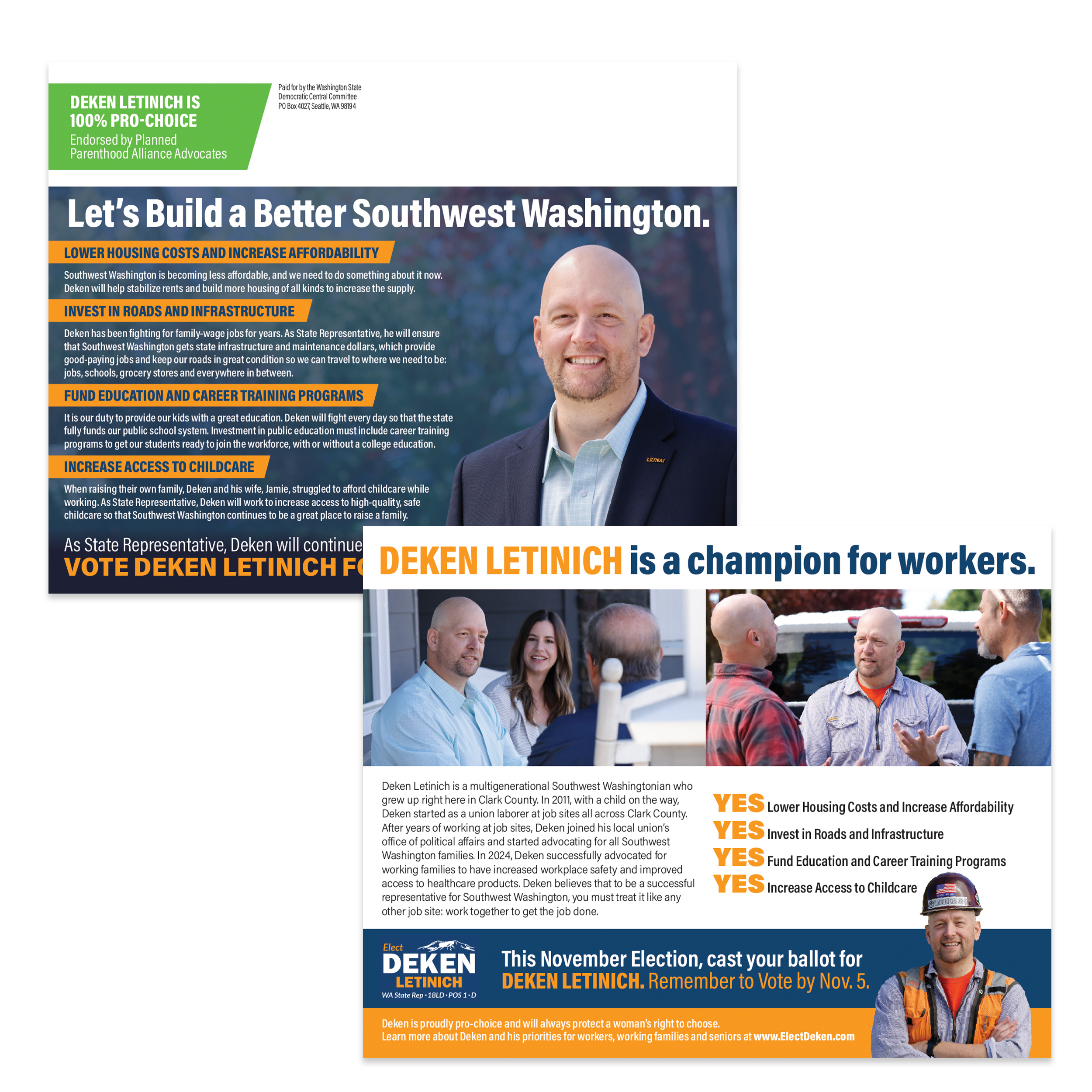 Political campaign flyers promoting Deken Letnich for Southwest Washington, highlighting issues such as affordable housing, infrastructure investment, education, childcare, and endorsing him as a champion for workers.