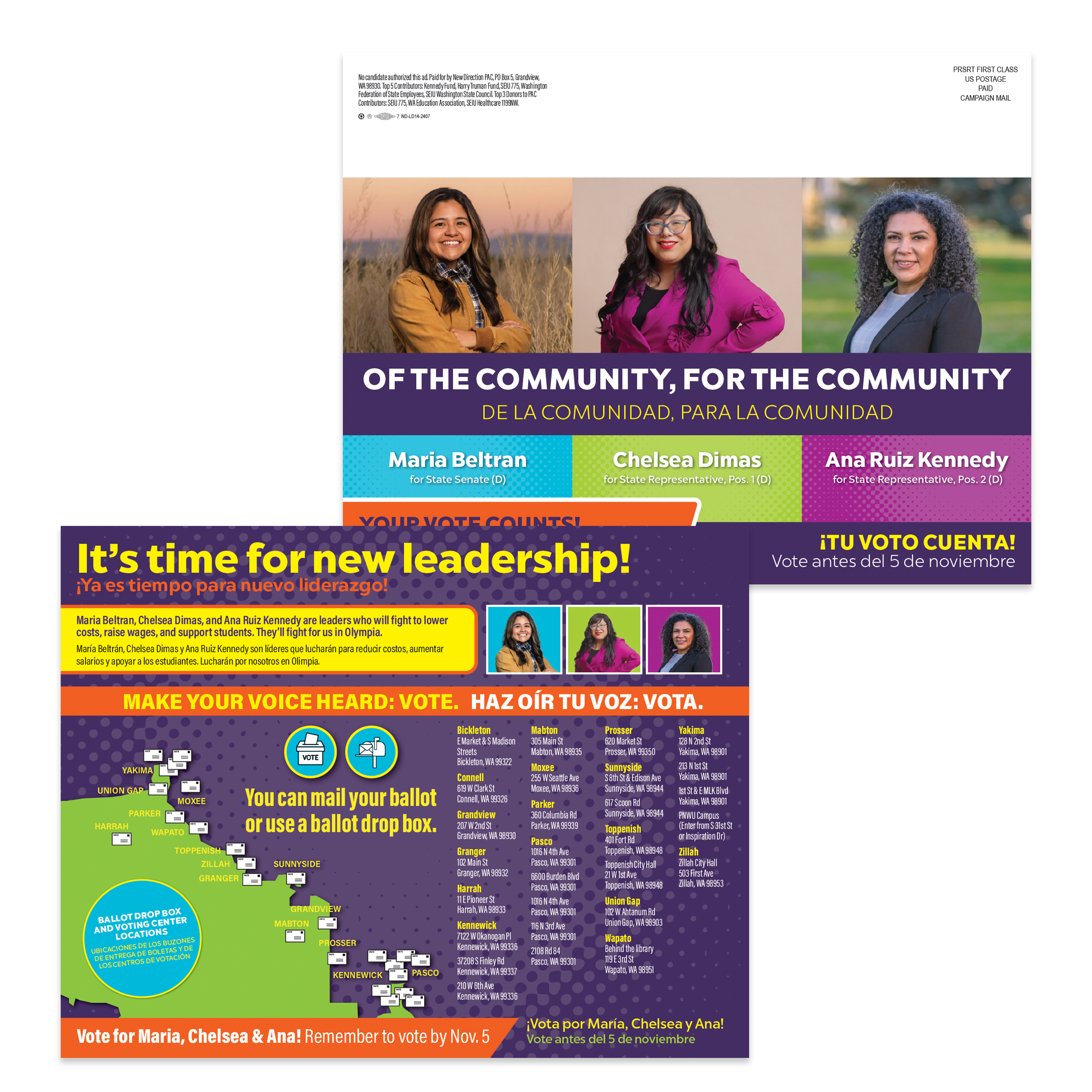 Political campaign flyer for local community leaders Maria Beltran, Chelsea Dimas, and Ana Ruiz Kennedy, featuring photos of the candidates, a map of ballot drop-off locations, and text encouraging voting before November 5th in both English and Spani