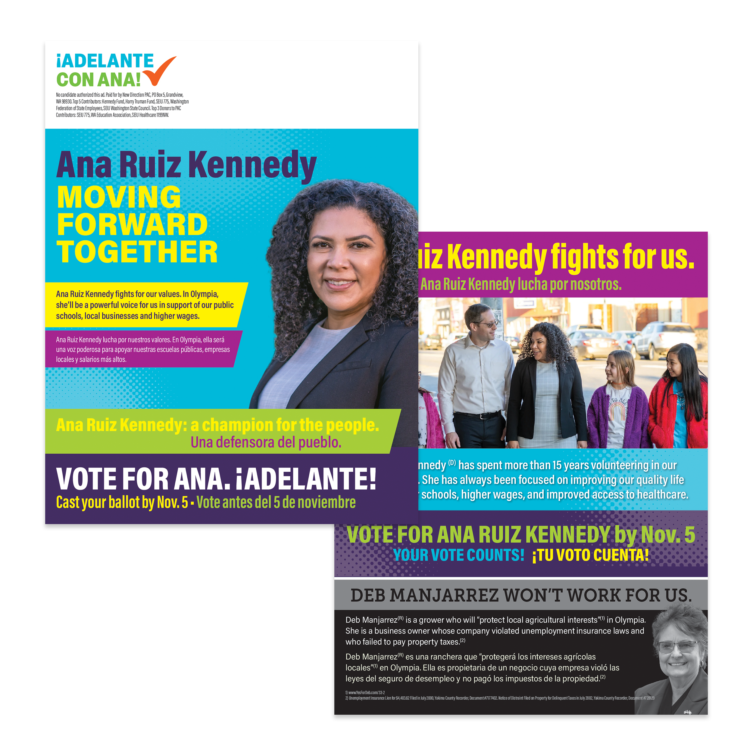 Campaign posters of Ana Ruiz Kennedy for political election, showing her smiling face, campaign slogans in English and Spanish, and a photo of her speaking with a group of children and a man.