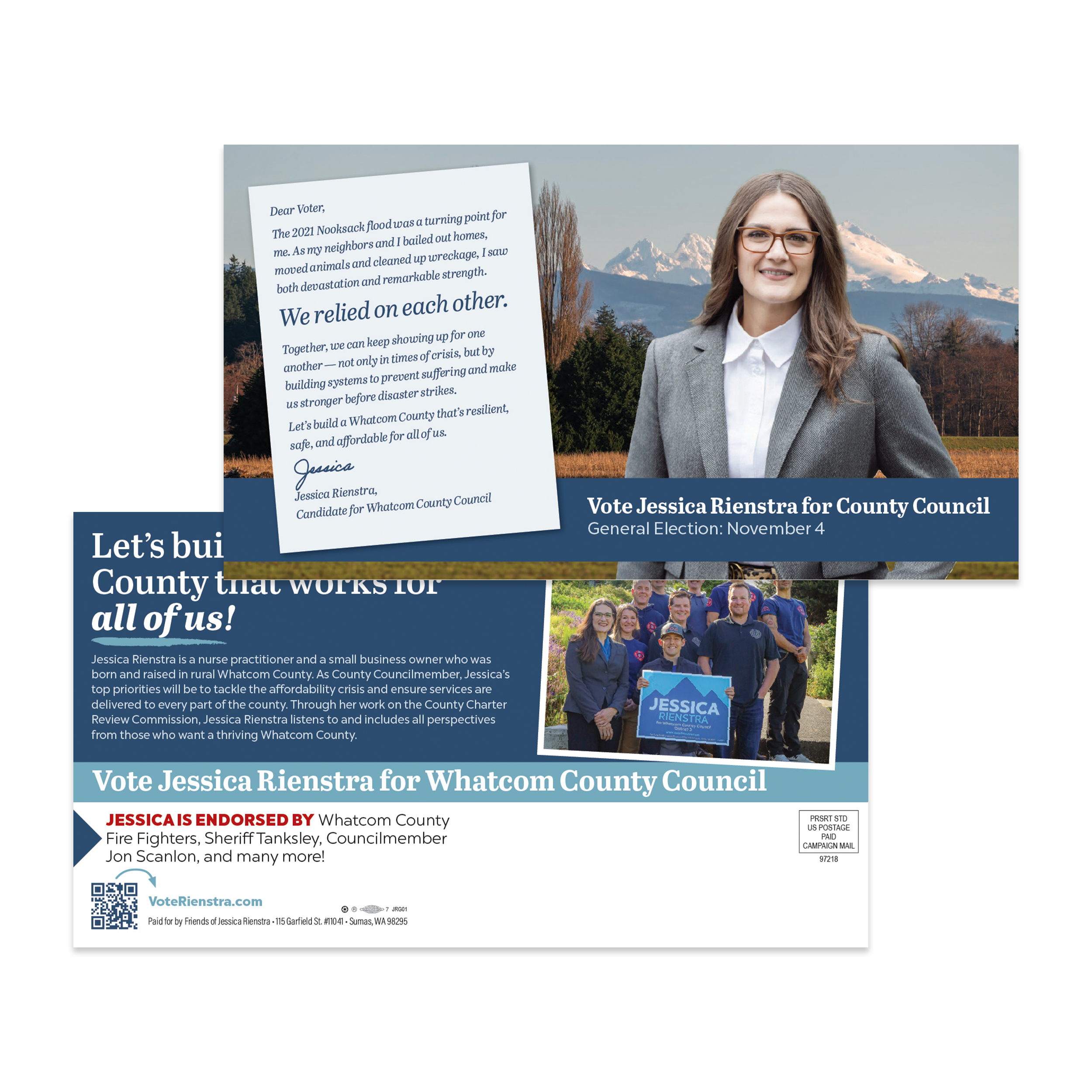 Campaign flyer featuring Jessica Rienstra, candidate for Whatcom County Council, with a photo of her in a gray blazer and glasses, and a group of supporters holding a campaign sign. The flyer includes a letter to voters, details about the election, e