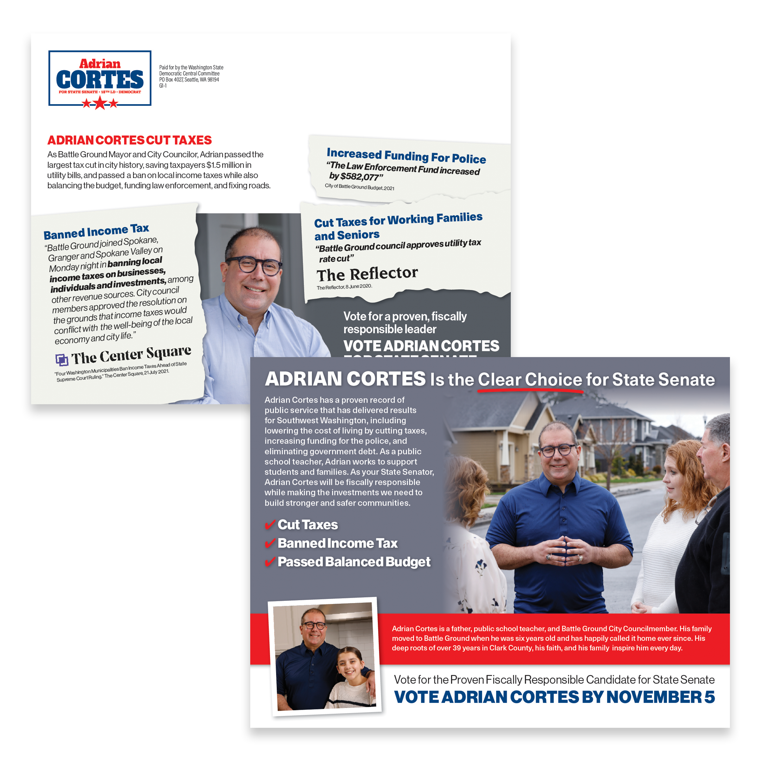 Political campaign flyers for Adrian Cortes, a candidate for State Senate. The flyers include images of Adrian Cortes with his family, and text mentioning his policies and background.