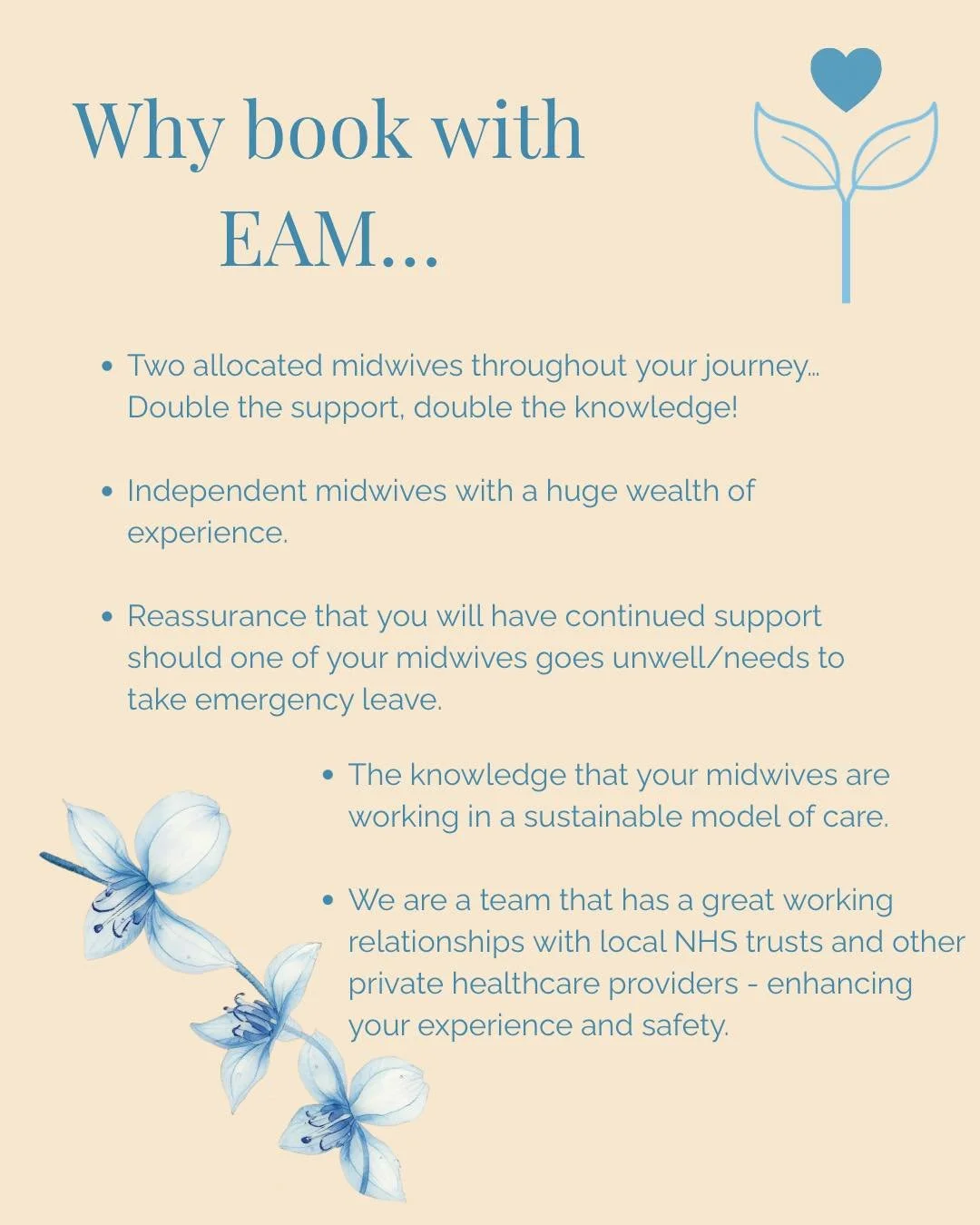 Just a few reasons why you might consider booking your care with East Anglian Midwives 💕 

With over 23 years of combined knowledge and experience, you&rsquo;re in very safe with the East Anglian Midwives! 

Working in a midwifery partnership guaran