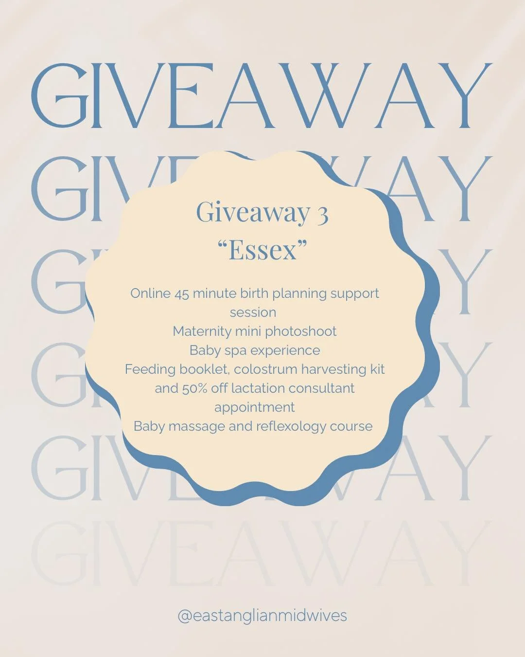 Giveaway number 3 - &ldquo;Essex&rdquo; 

✨Online 45 minute birth planning support session with @bethanyroseindependentmidwife 
✨Maternity mini photoshoot with @chelseaashwellphotography 
✨Baby spa experience @littlefeet_retreat 
✨Feeding booklet, co