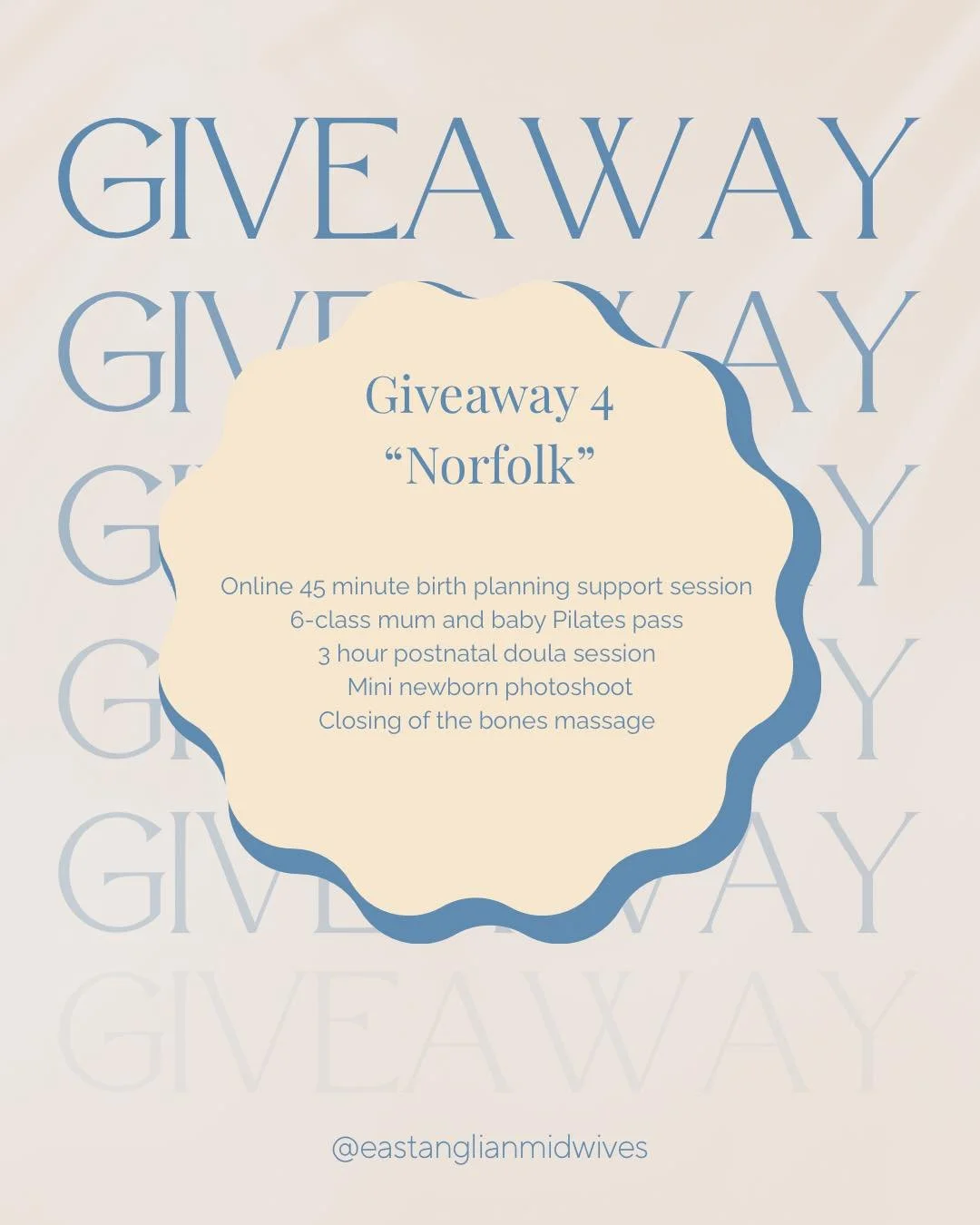 Giveaway number 4 - &ldquo;Norfolk&rdquo;

✨Online 45 minute birth planning support session with @bethanyroseindependentmidwife 
✨6-class mum and baby Pilates pass with @breathe_easy_pilates 
✨3 hour postnatal doula session with @paiges_doulaservice 