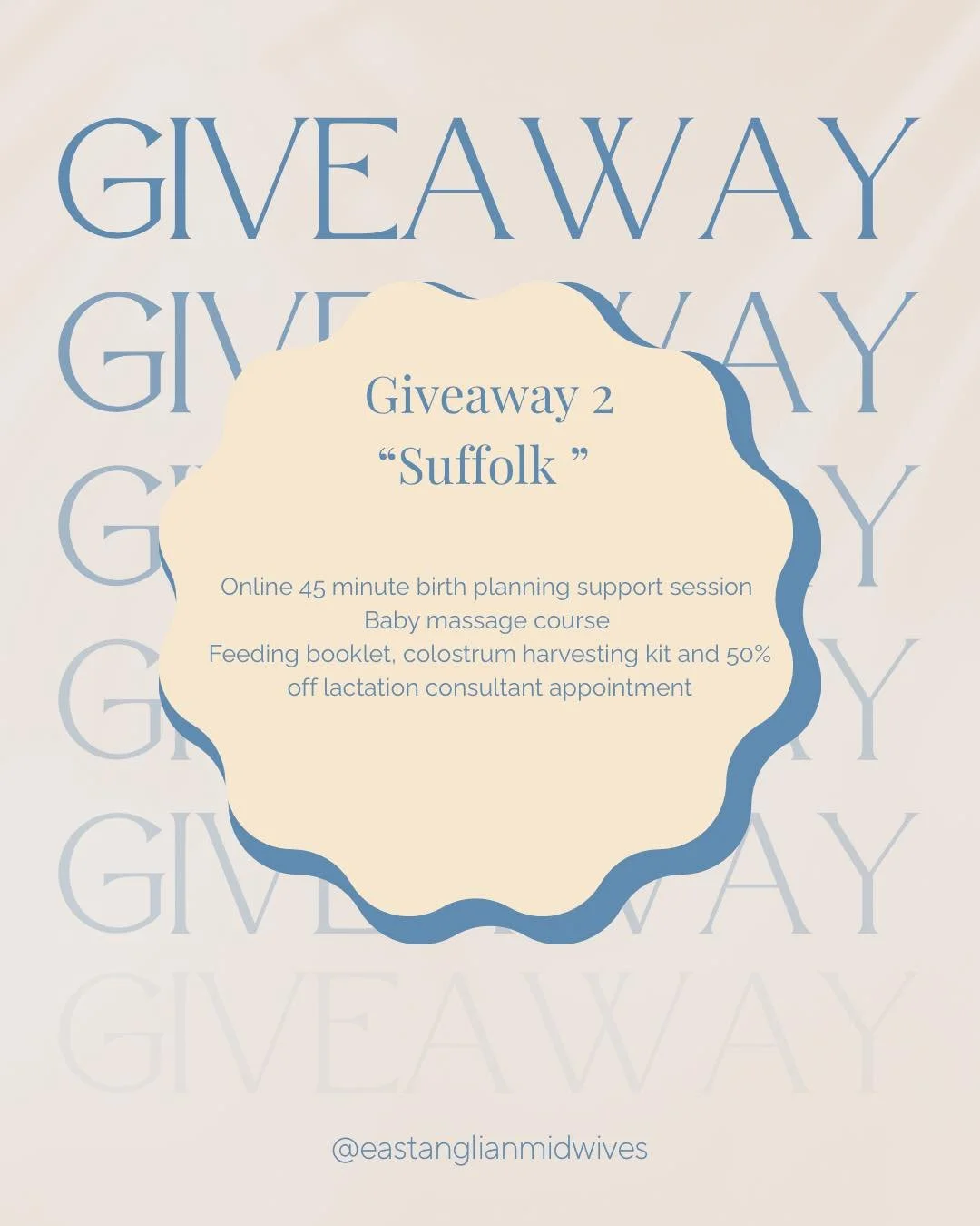 Giveaway number 2 - &ldquo;Suffolk&rdquo; 

✨Online 45 minute birth planning support session with @bethanyroseindependentmidwife 
✨ 5 week baby massage course with @tinytouchtherapysuffolk 
✨Feeding booklet, colostrum harvesting kit and 50% off a sin