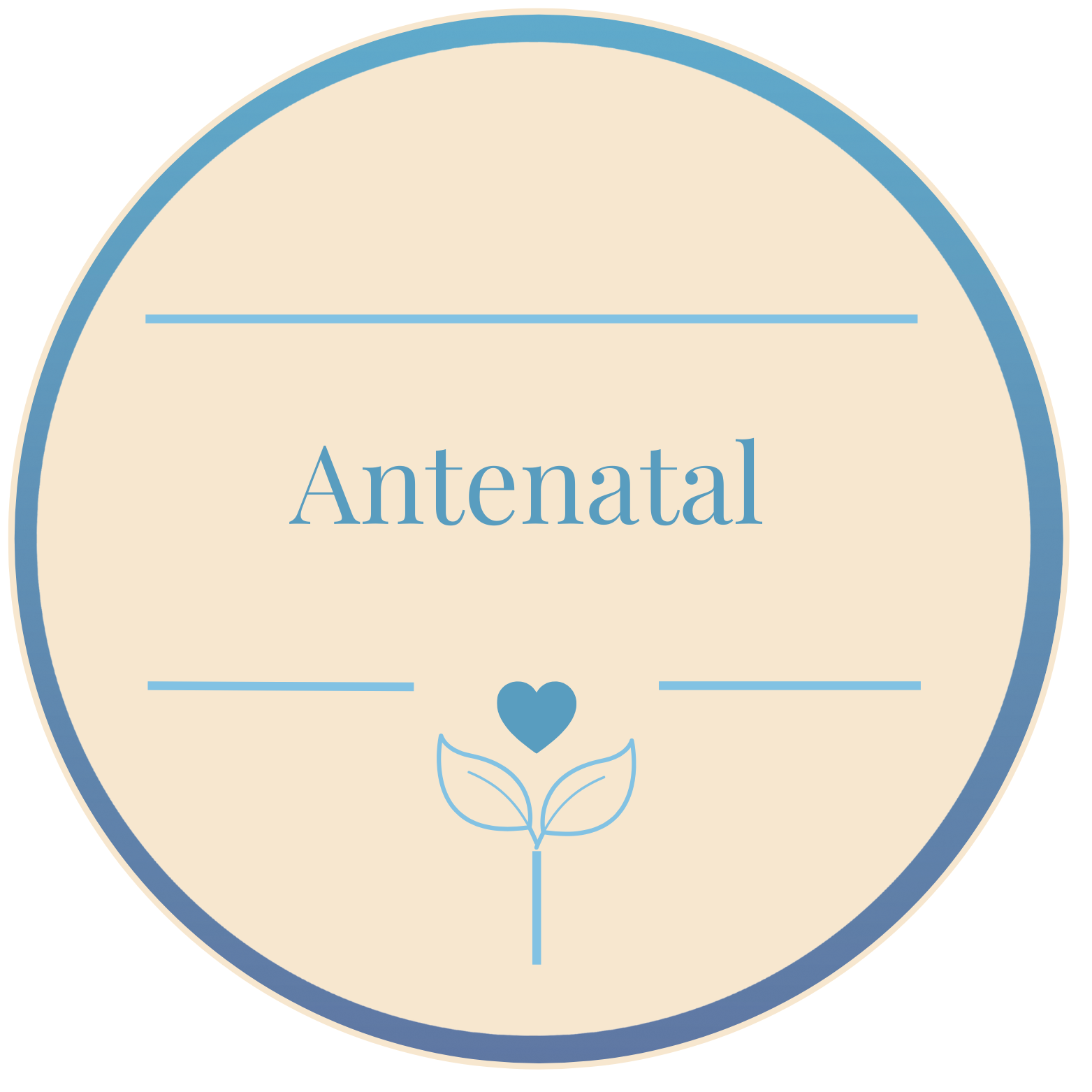 Circular badge with the word 'Antenatal' in the center, blue border, beige background, and a small decorative heart and leaf icon below.