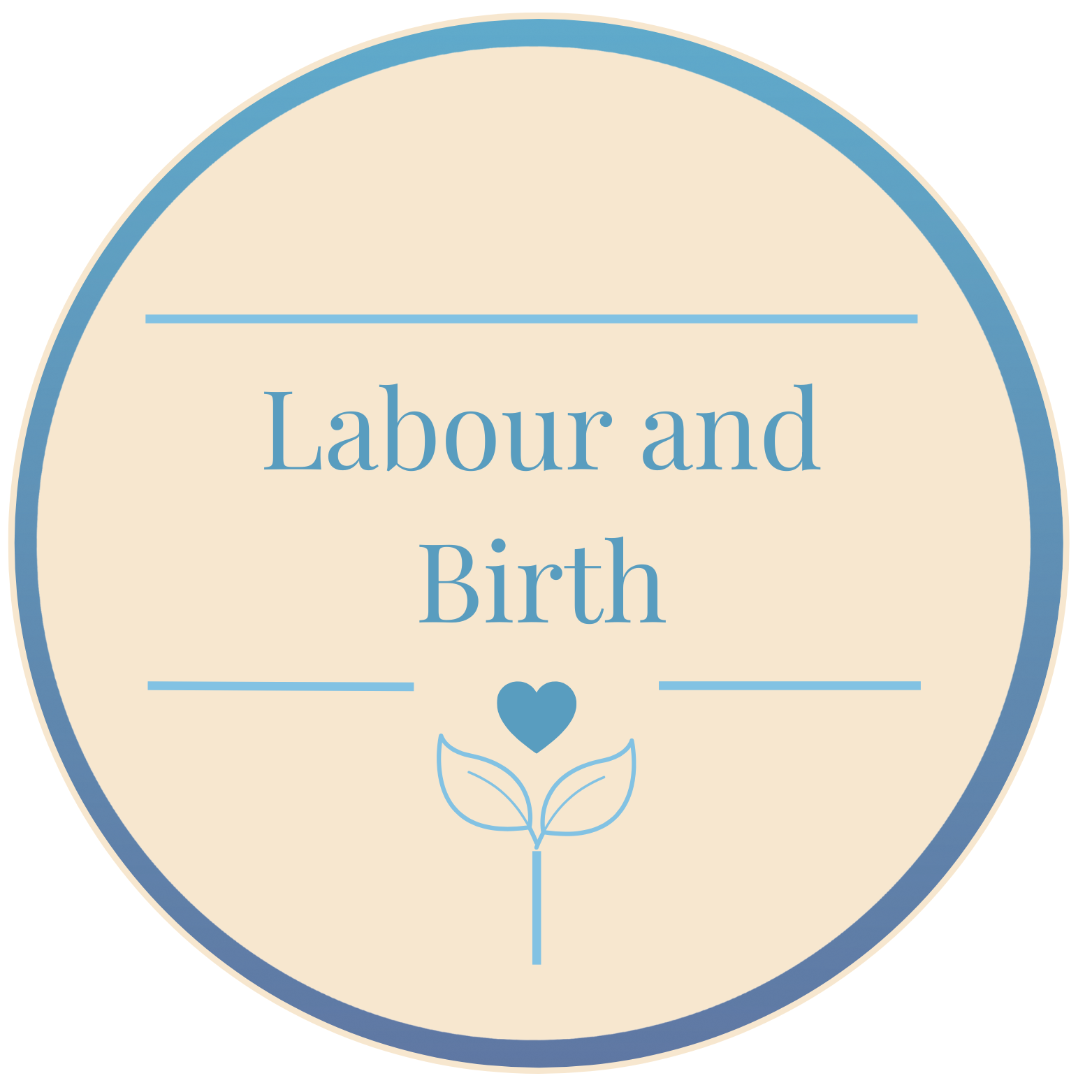 A circular badge with a beige background and blue border, featuring the text "Labour and Birth" with a small heart and plant graphic below.