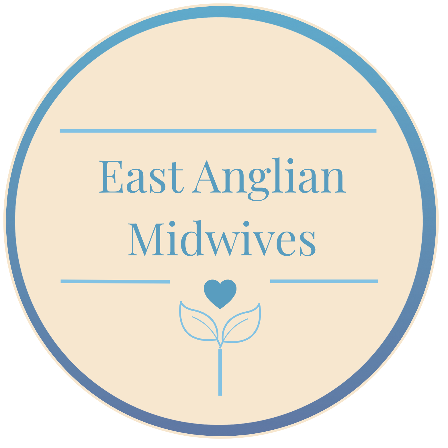 Circular badge with cream background, blue border, and blue text reading "East Anglian Midwives" with a heart and leaf design below.