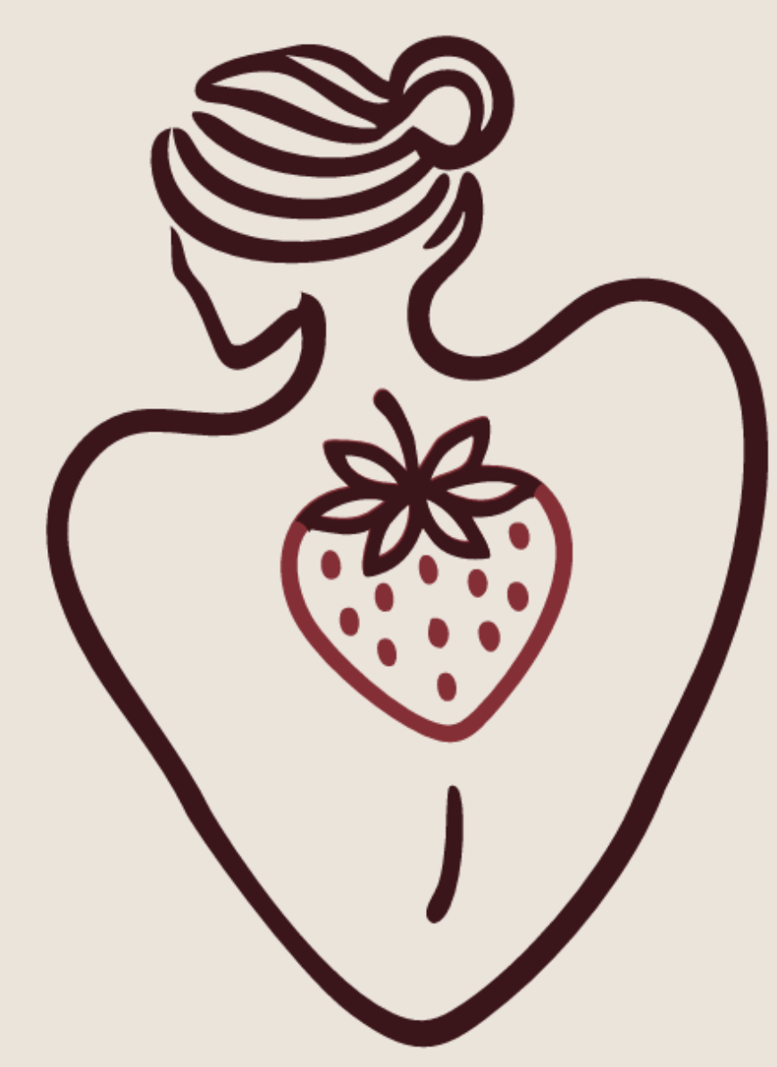 Line drawing of a woman's upper body with a strawberry in the center, hair tied back, and simple facial features.