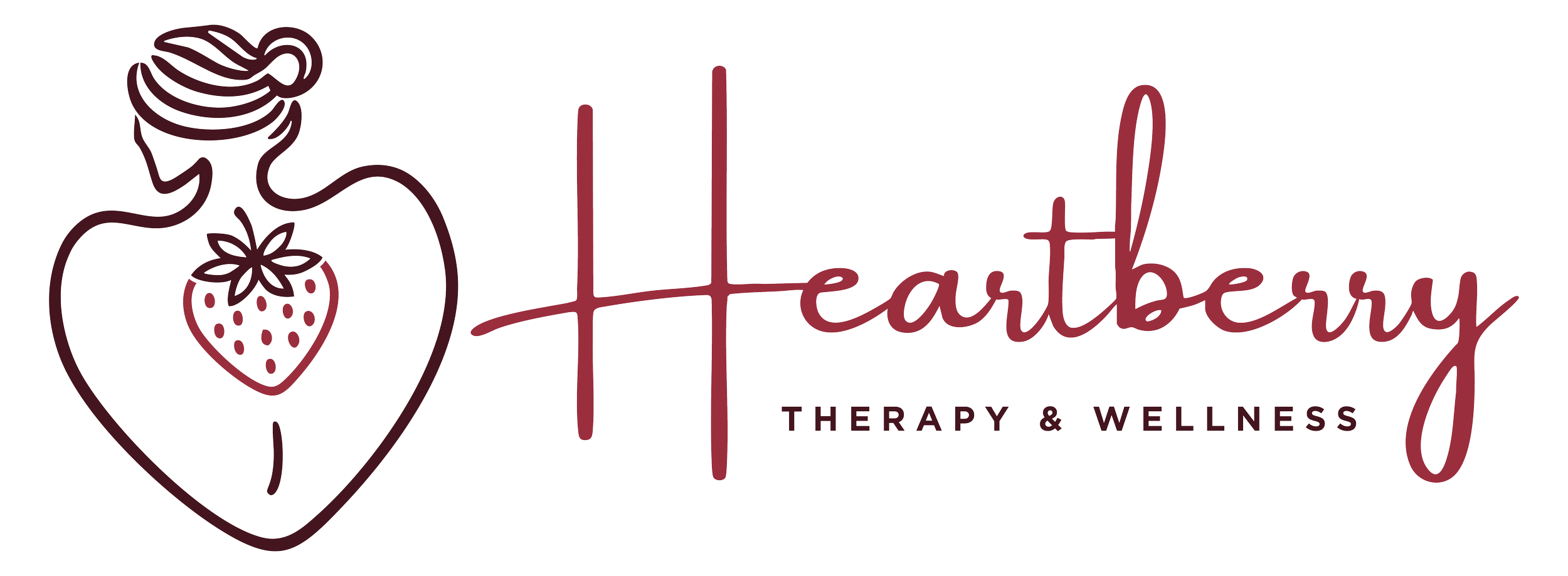 Logo for Heartbrry Therapy & Wellness featuring a minimalist line drawing of a woman holding a strawberry heart, with elegant cursive text.