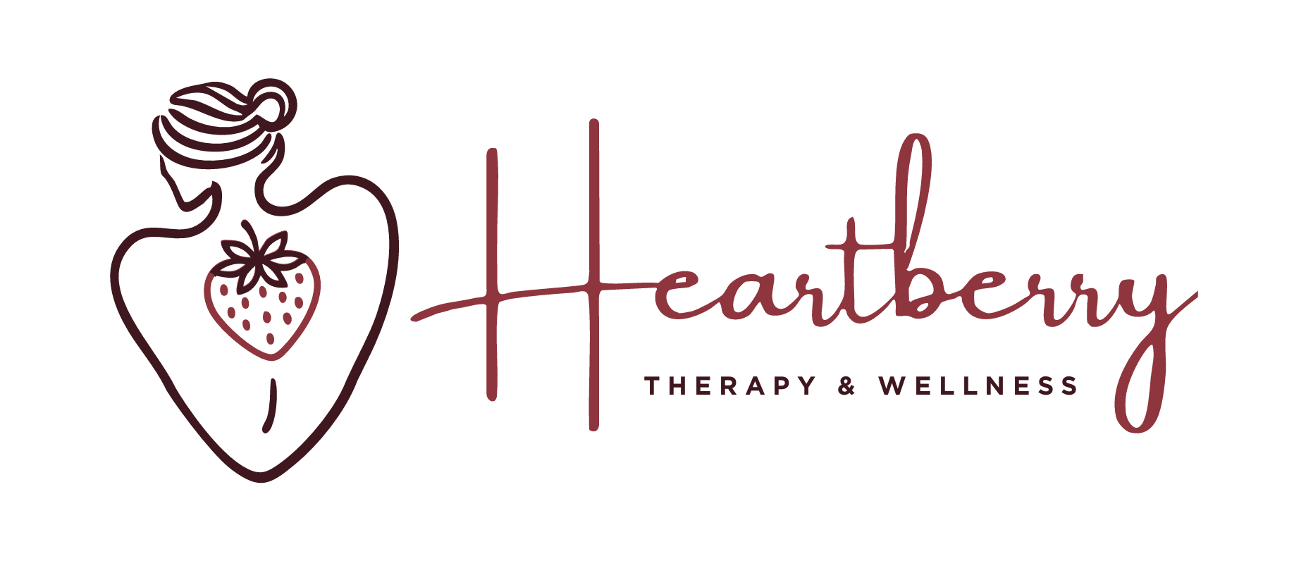 Logo for Heartberry Therapy & Wellness featuring a minimalist line drawing of a woman with a strawberry on her chest, with the text 'Heartberry Therapy & Wellness' in elegant script.