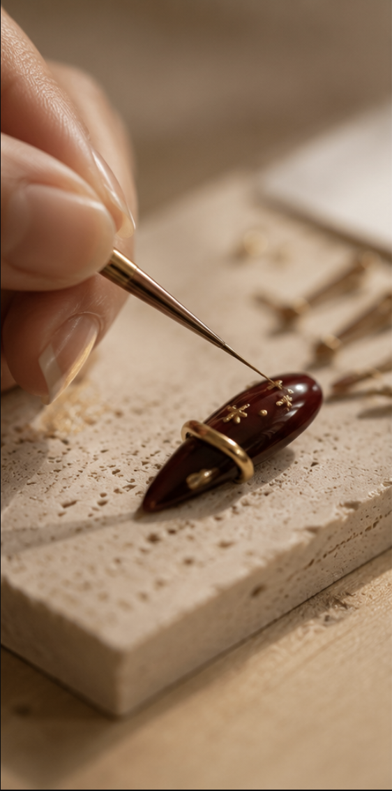 A person using a fine brush to paint gold designs on a dark red jewelry piece, likely a ring or pendant, placed on a textured stone surface.