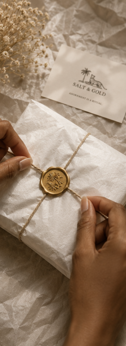 Person holding a wrapped gift with a gold wax seal, chocolate embossed, on white tissue paper. In background, a card with palm tree and lion illustration, reading "Salt & Gold, Adornment is a Ritual." Also a small bouquet of white dry flowers on crumpled paper.
