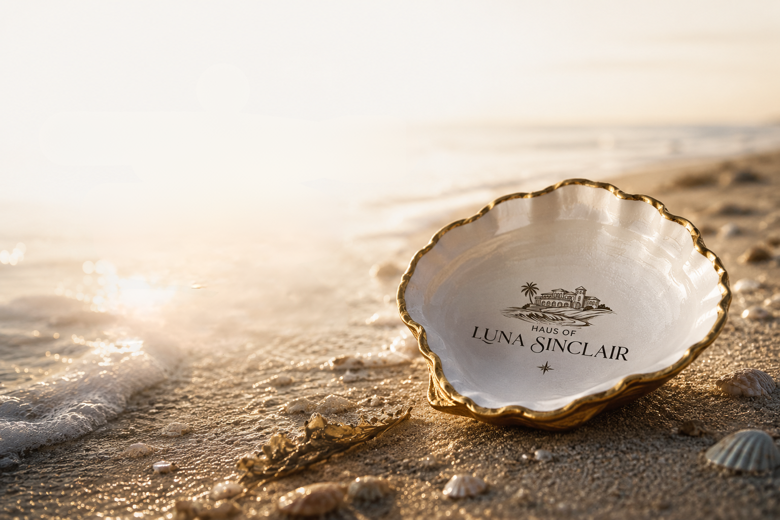 A decorative shell with gold trim on a sandy beach with seashells, near the ocean, with the sun setting or rising.