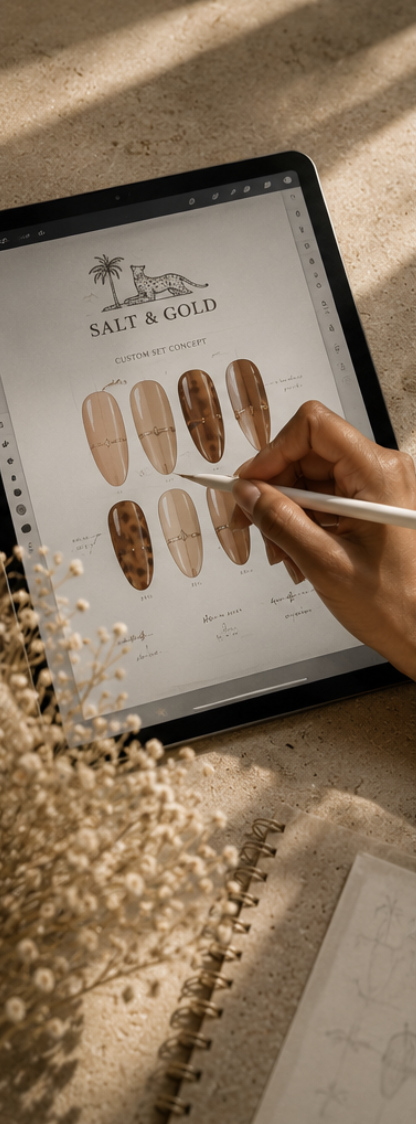 Digital tablet displaying a jewelry design concept for Salt & Gold with different shades of nail designs, and a person's hand using a stylus to make selections.