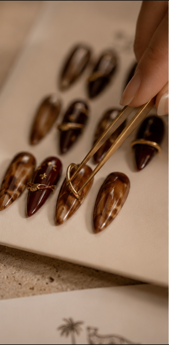 Person using gold tweezers to place a gold ring on a brown and beige marbled nail tip display