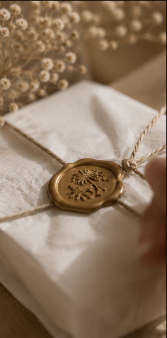 A wrapped gift secured with twine and sealed with a wax stamp, placed on a beige surface next to a small bunch of dried flowers.