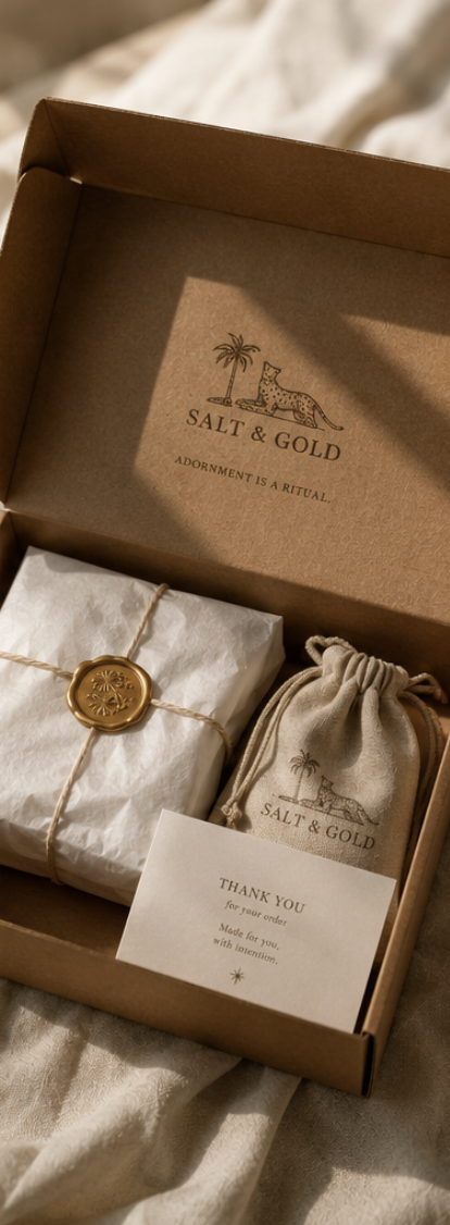 Open Salt & Gold jewelry packaging box containing a wrapped item sealed with a gold wax stamp, a small cloth bag, and a thank you note.