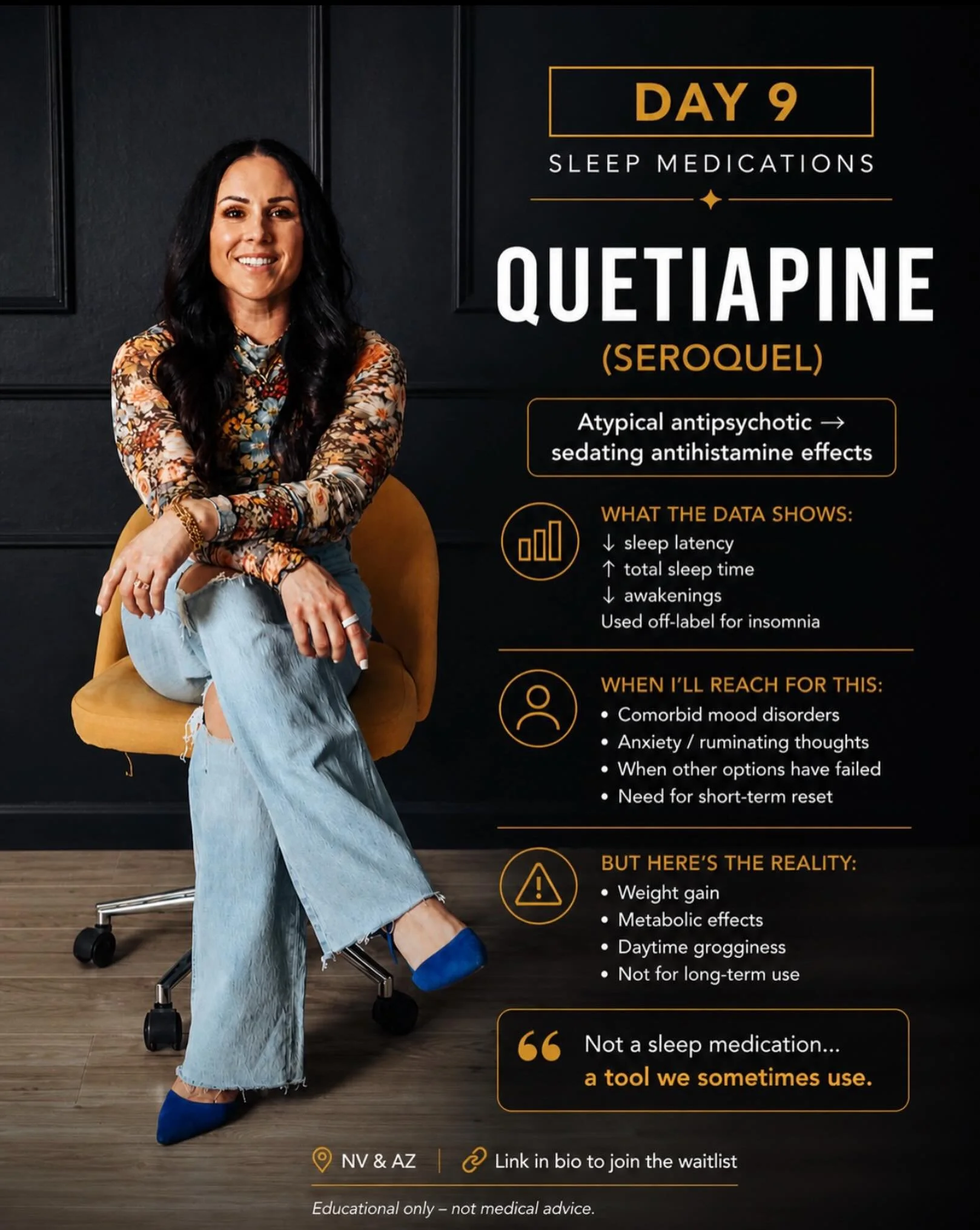 🤫😴
DAY 9 &mdash; QUETIAPINE (Seroquel)

Let&rsquo;s be blunt:

👉 This is NOT a sleep medication
&hellip;but it&rsquo;s used like one all the time

⸻

🧠 What it actually is:

Atypical antipsychotic

At low doses (25&ndash;100 mg):
&rarr; H1 blocka