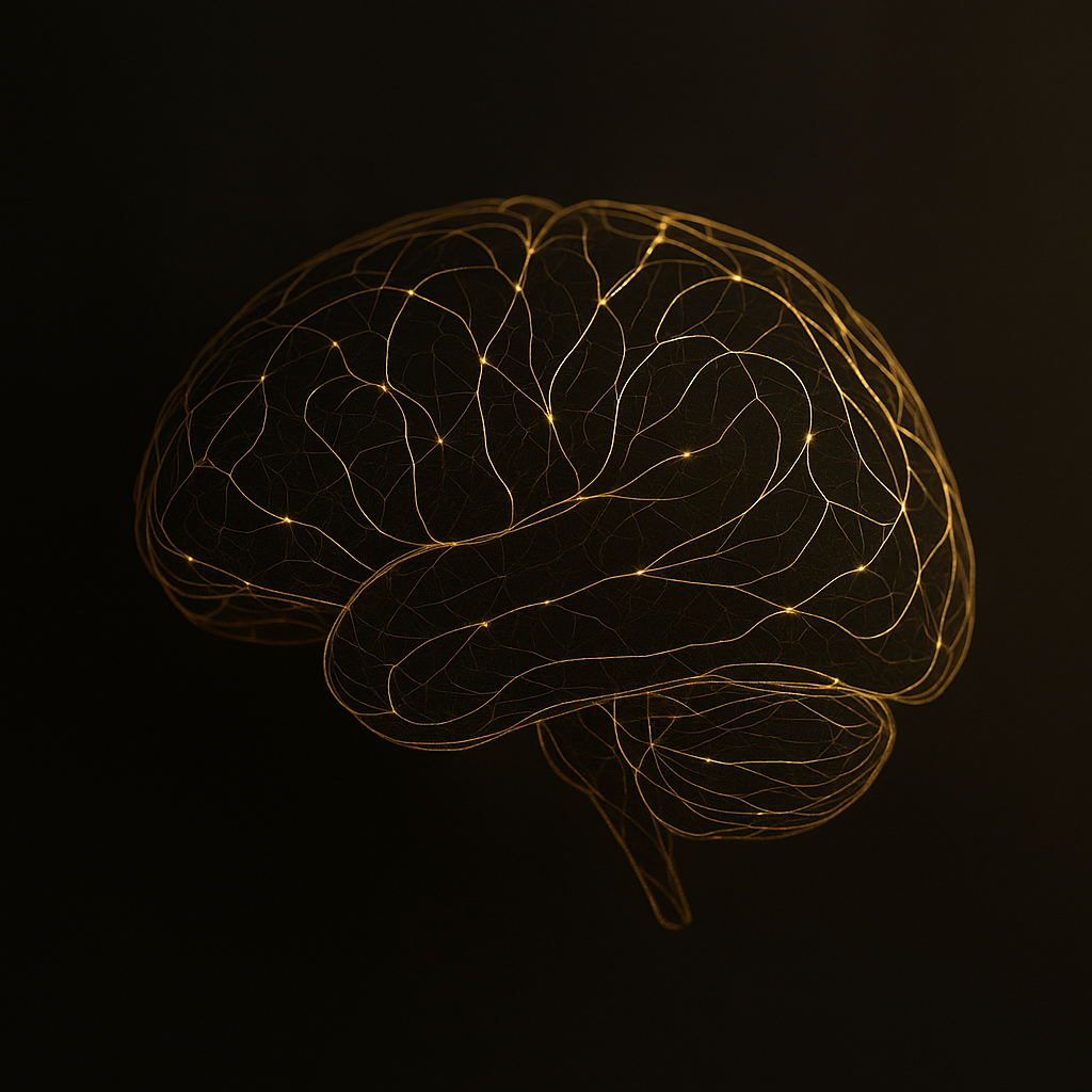 Illustration of a human brain with glowing neural connections, depicted with glowing lines on a dark background.
