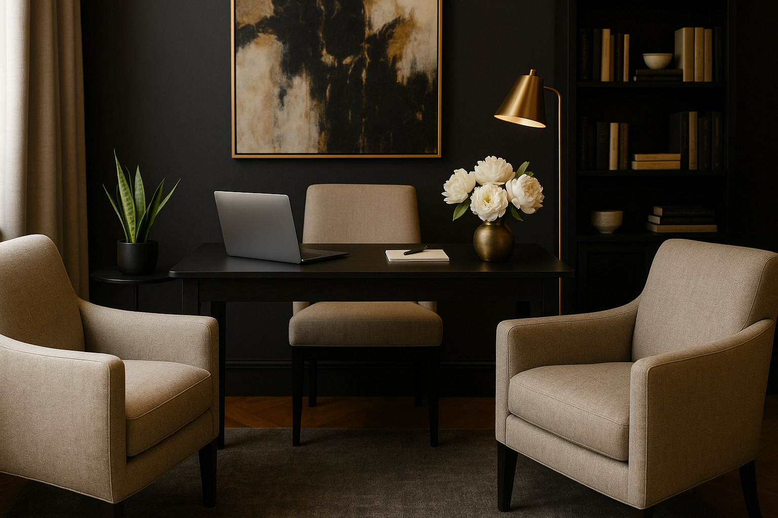 Modern office with beige armchairs, a black desk with a laptop, a vase of white flowers, a notepad, a plant, a modern art painting, a black bookshelf filled with books, and a gold desk lamp.