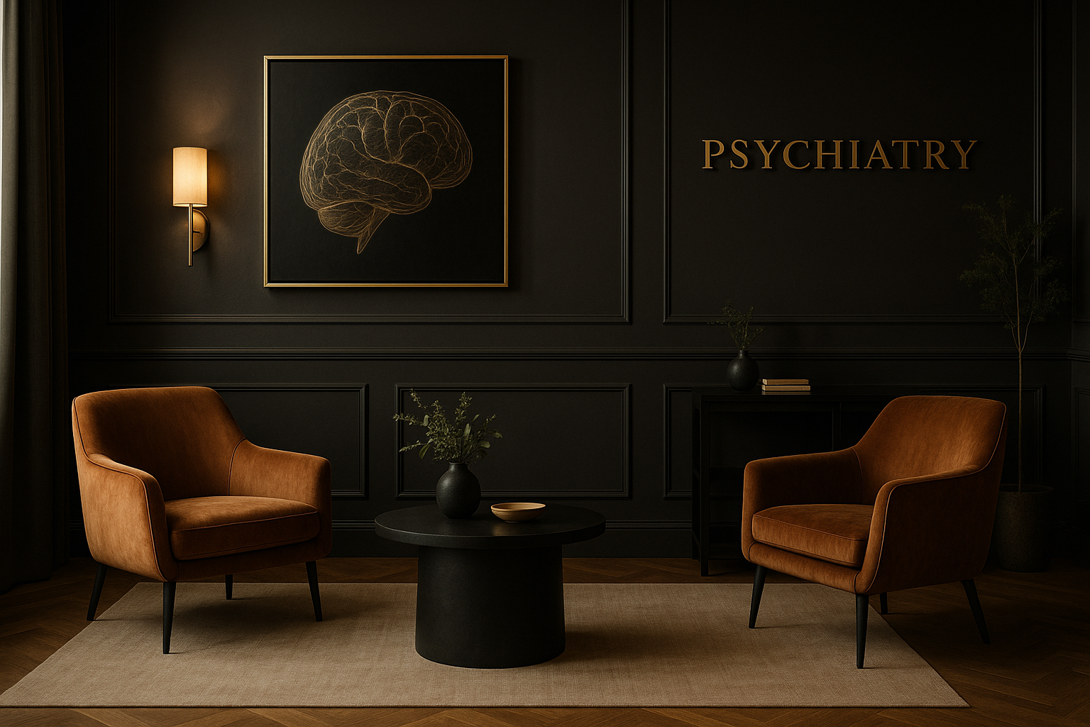 A dark, modern psychotherapy office with two brown armchairs, a black round coffee table, and minimal decor. The wall features a framed art of a brain outline and the word 'PSYCHIATRY' in gold lettering, with a wall-mounted lamp and some plants.