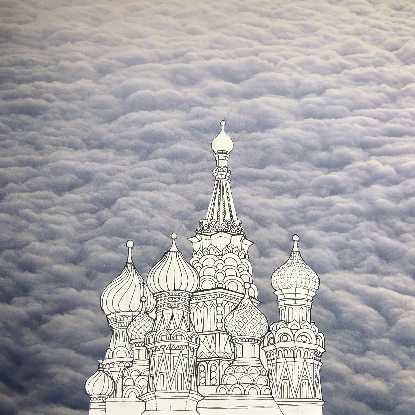 Illustrated outline of Saint Basil's Cathedral with a cloudy sky background.