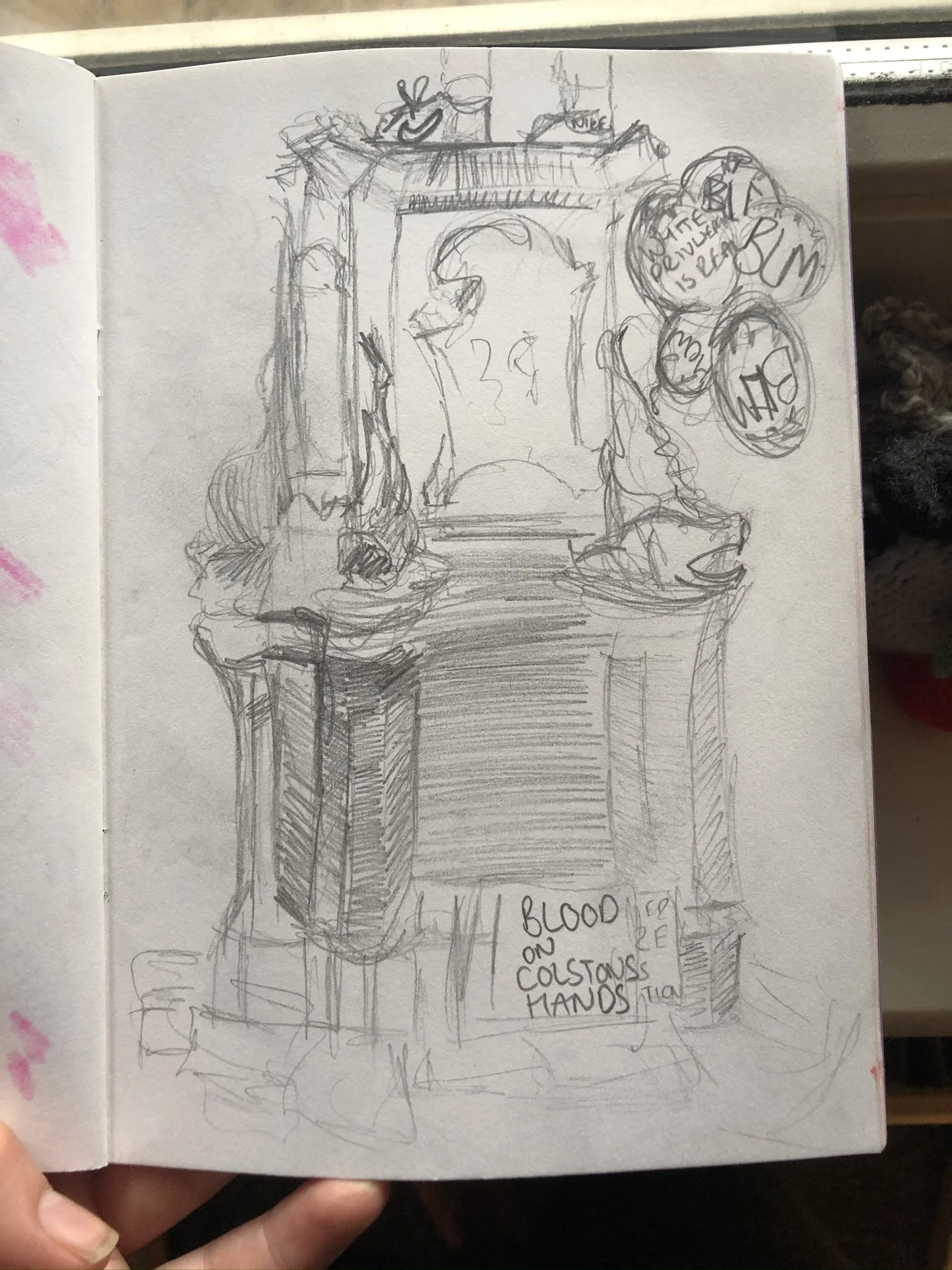 A pencil sketch of a fireplace with decorations, including balloons with texts such as 'Blood on Colston's Hands' and other phrases, and a pair of shoes on top of the mantel.