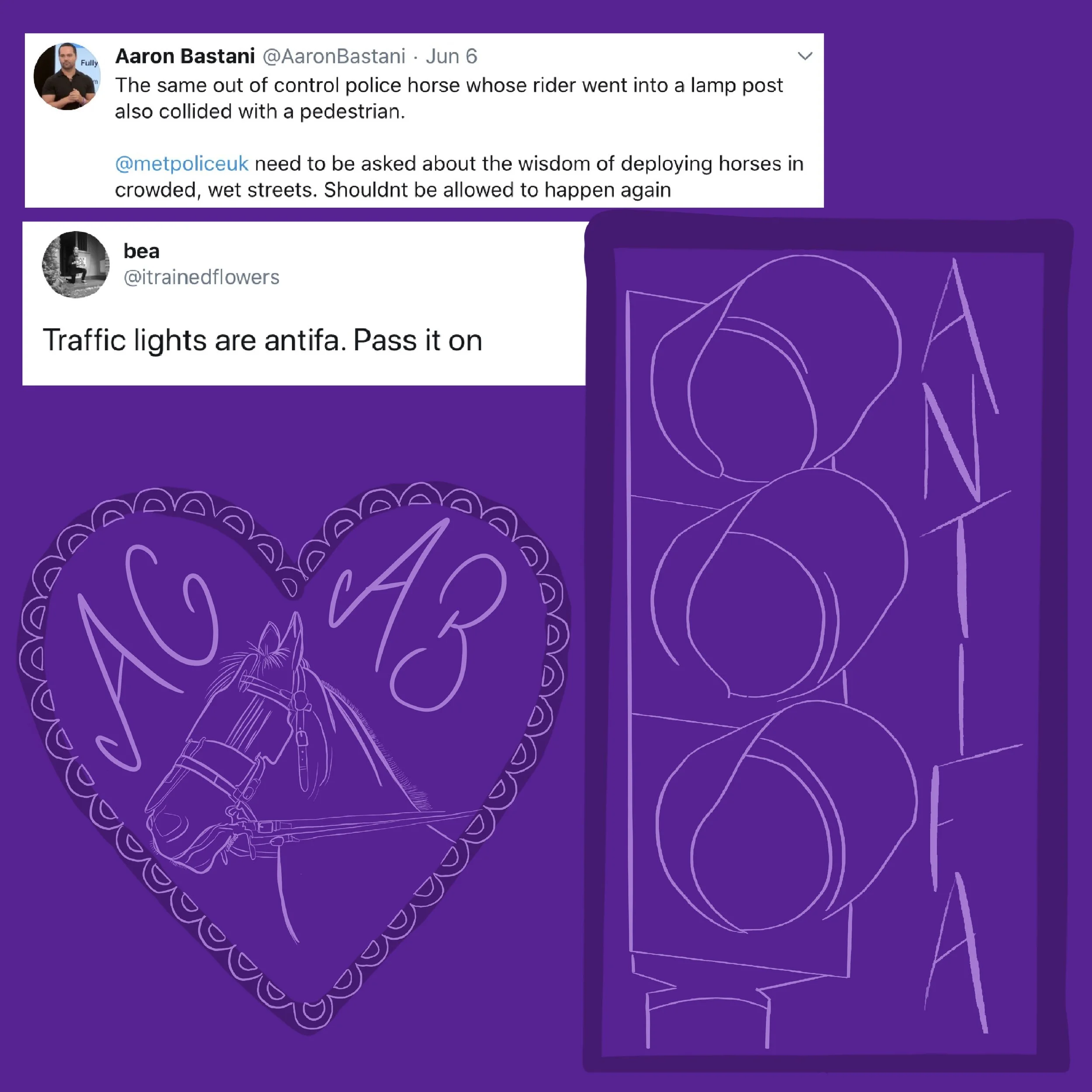 A digital drawing of a heart-shaped Valentine with the date 10/43 written inside, and a neon outline painting of traffic lights with the word 'NO' written vertically beside them. The background is purple.