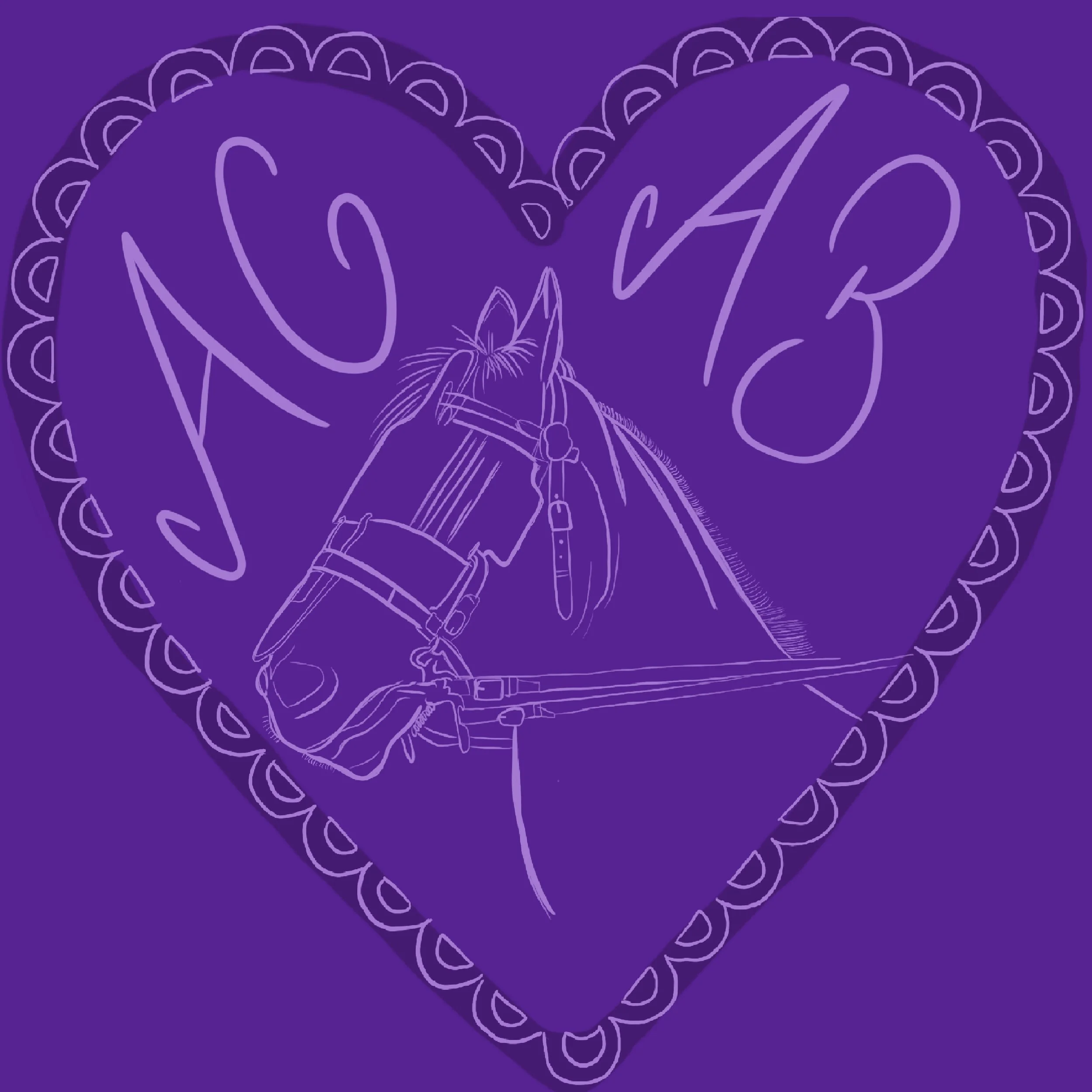 Purple neon-style illustration of a heart shape with a horse's head and neck in the center, wearing a bridle. The word 'LOVE' is written across the heart.