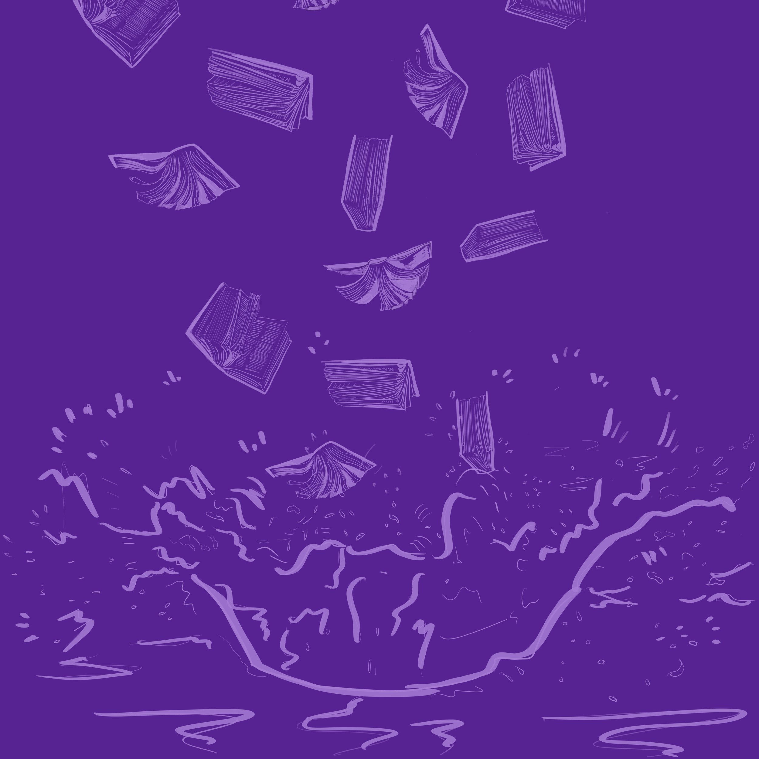 Illustration of books falling into water, creating splashes and ripples.