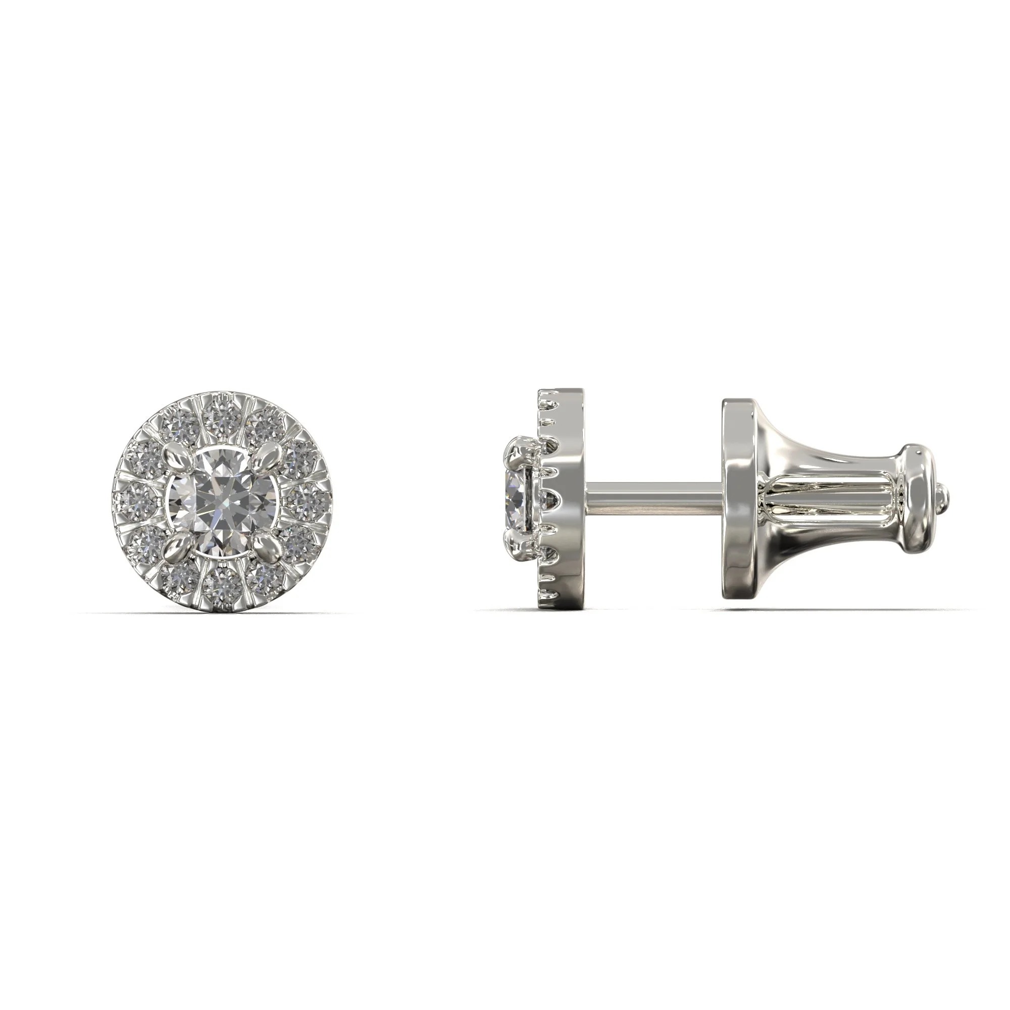 6,5 mm skersmens Halo stiliaus klasikiniai auskarai su užsukamu užsegimu, ~0,40 karato bendro deimantų svorio.