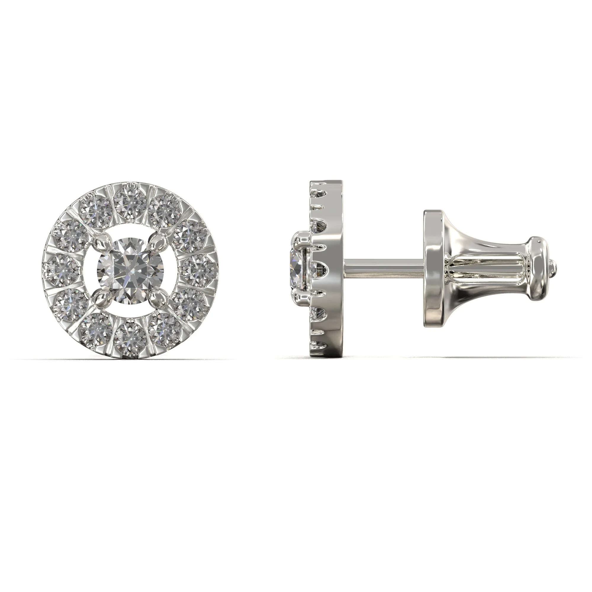 9 mm skersmens Halo stiliaus klasikiniai auskarai su užsukamu užsegimu, ~0,55 karato bendro deimantų svorio.
