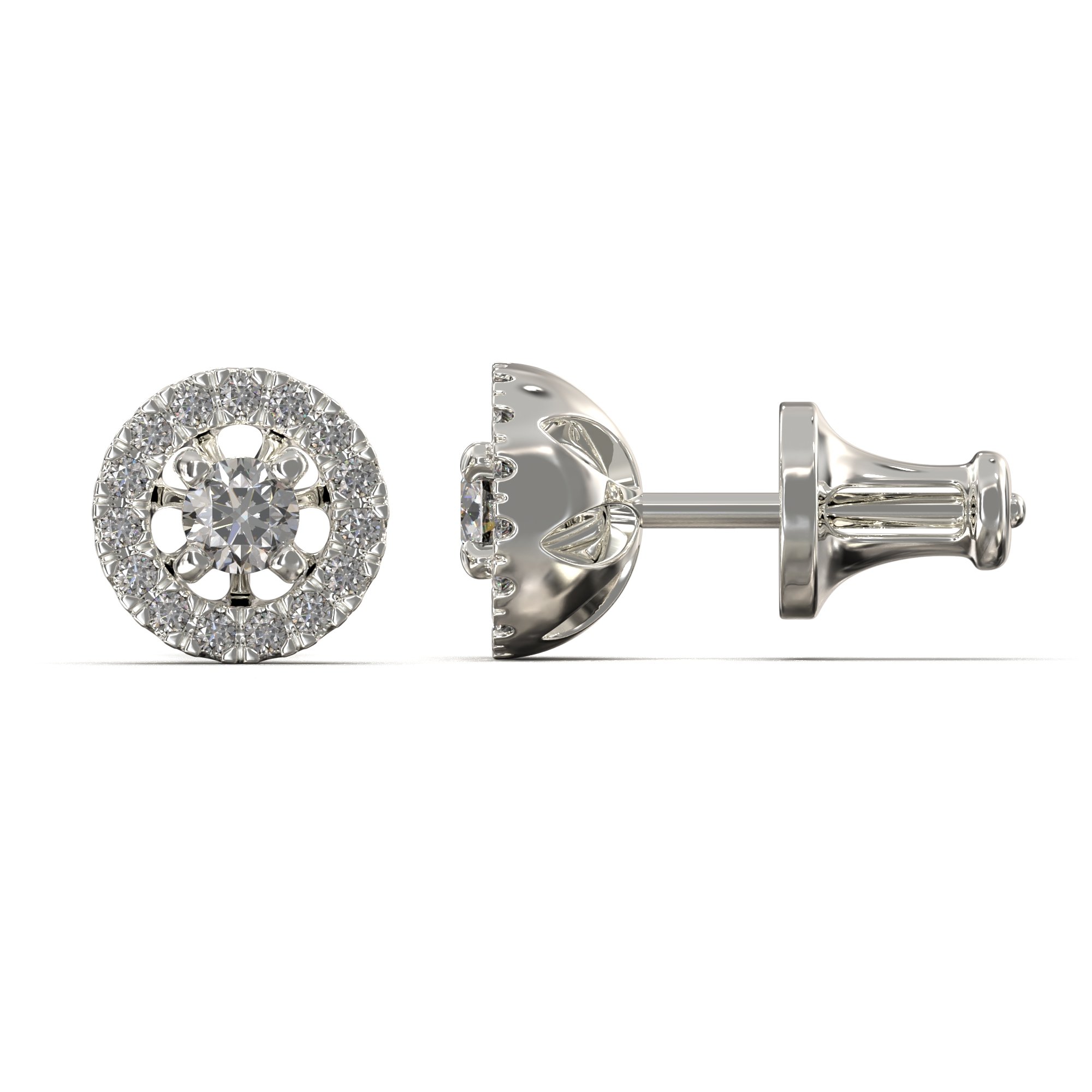 8 mm skersmens "Stud" stiliaus auskarai su nuimamais Halo "švarkeliais" ir užsukamu užsegimu, ~0,40 karato bendro deimantų svorio.