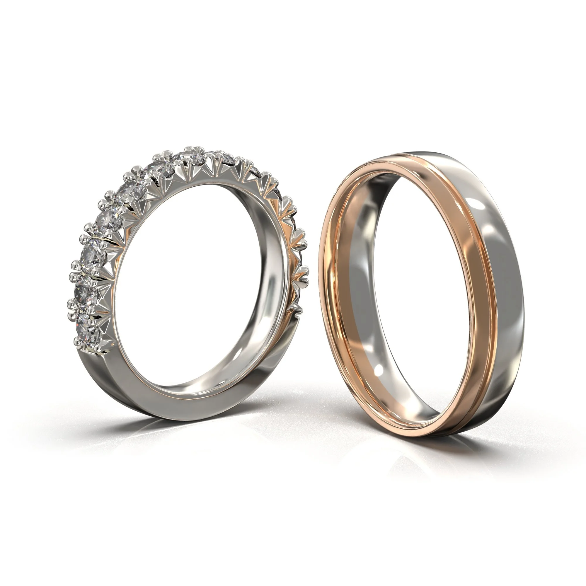 "Fisht tail" deimantų inkrustavimo pusinė eilutė, kurios bendras plotis - 3,5mm. Bendras deimantų svoris - 1,4ct. Vyriškas žiedas - lengvai gaubtas, pusiau klasikinio profilio, dviejų spalvų, su juostele.