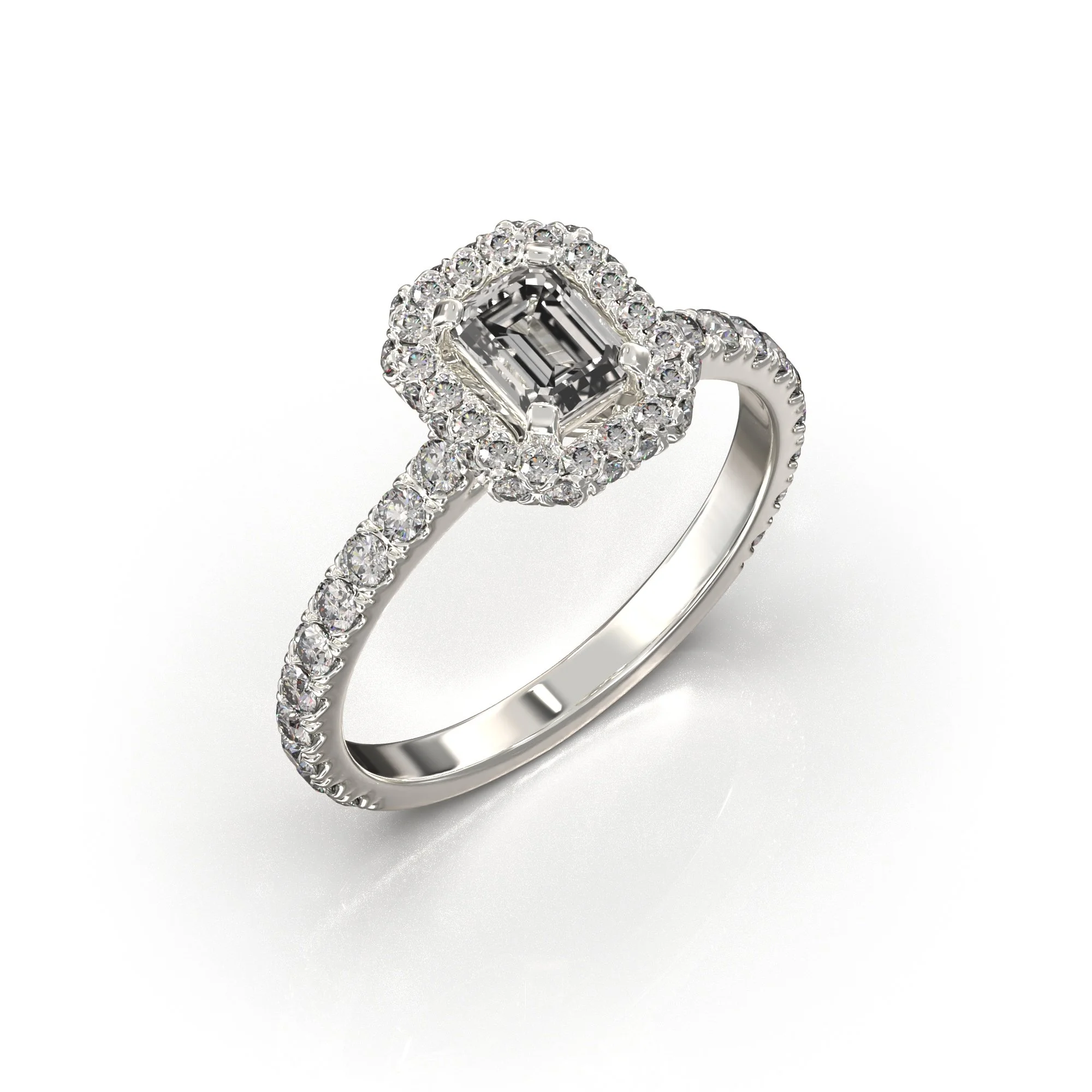 Centrinis deimanas - Emerald cut 0.81 karato, papildomi deimantai: apvalūs , kurių bendras svoris yra ~0.80 karato.