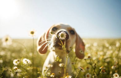 Dog sniffing a daisy flower in a field of flowers outdoors
