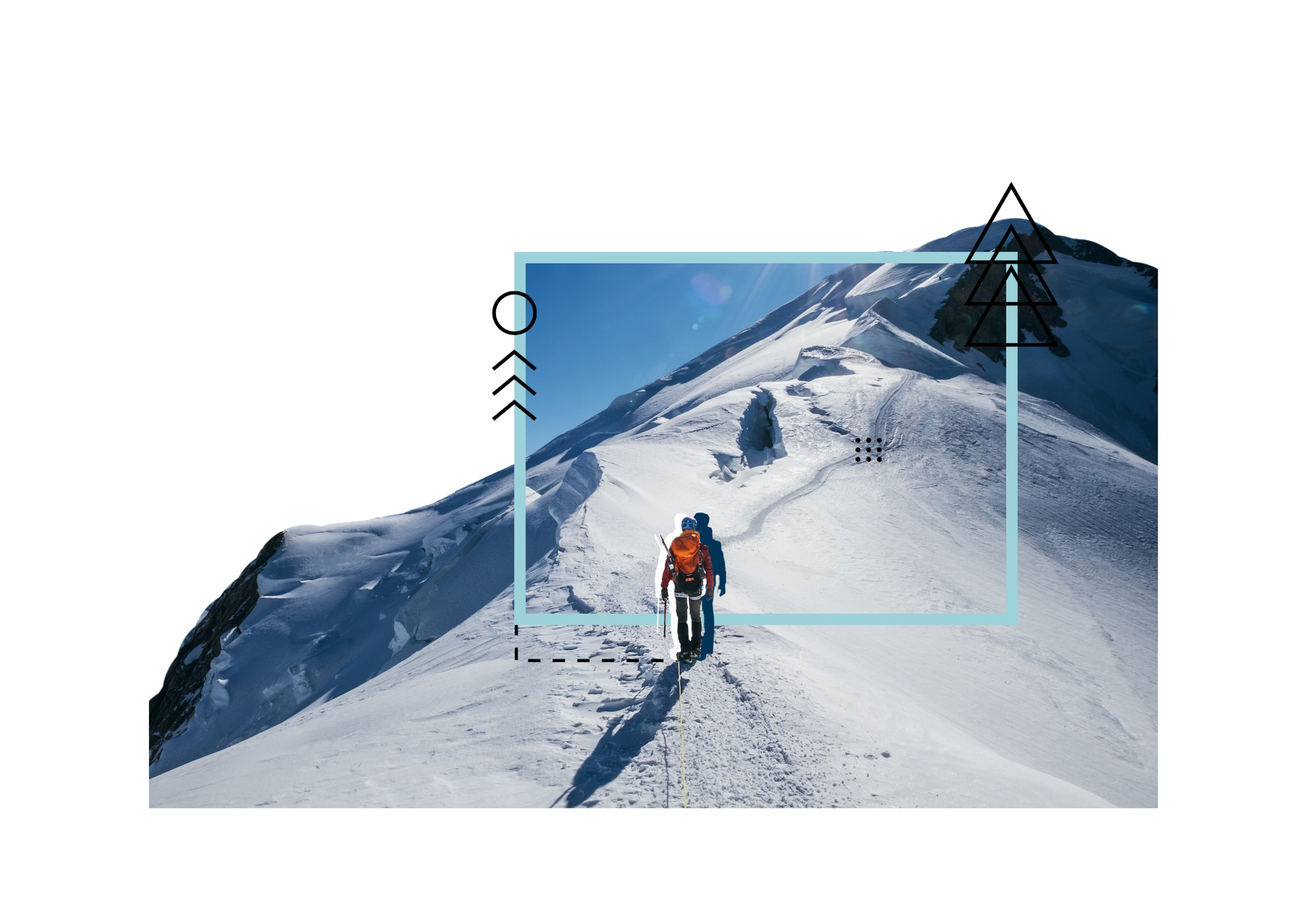 A mountain climber in an orange jacket and blue helmet climbing snow-covered mountain with a blue sky and mountain peaks in the background, surrounded by graphic elements indicating focus and framing.