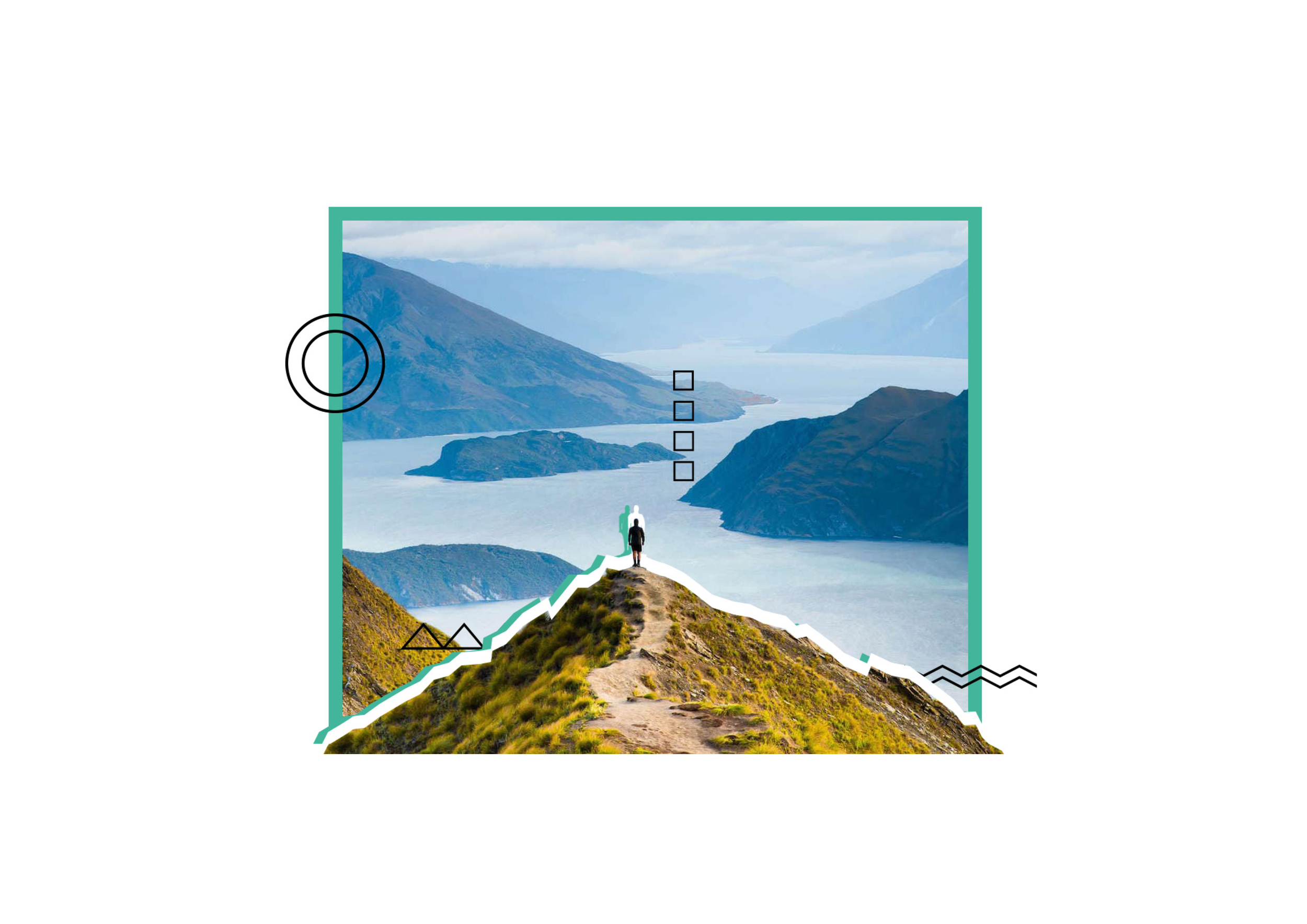 A person hiking on a trail on a mountain ridge overlooking a lake and distant mountains, with abstract graphic elements around the scene.