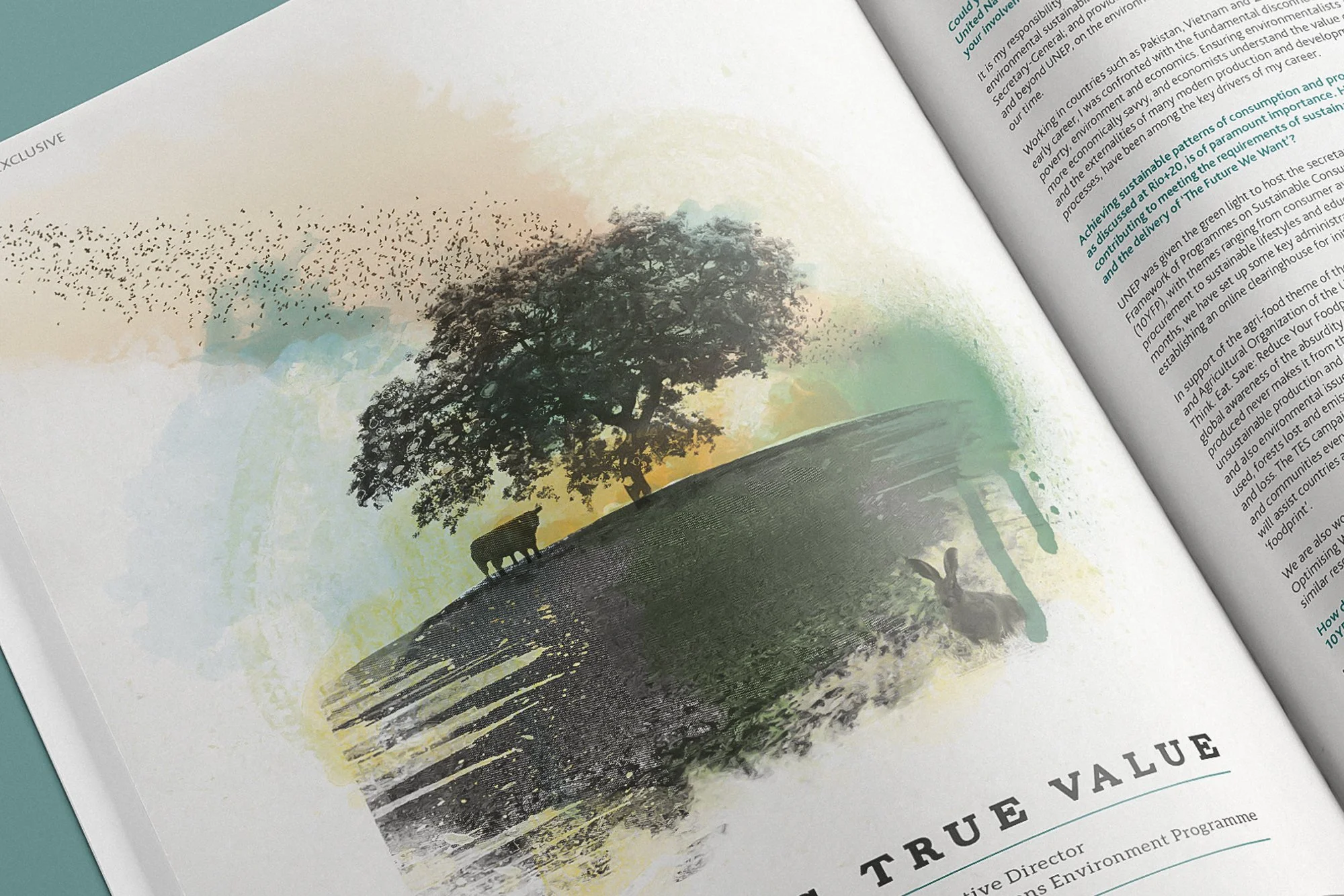 Illustration of a tree with a cow and a rabbit underneath, with a flock of birds flying above, depicted with watercolor style and textured brushstrokes on an open magazine page.