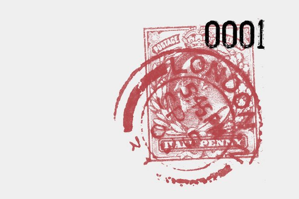 Close-up of a red 1-cent postage stamp with a circular cancellation mark.