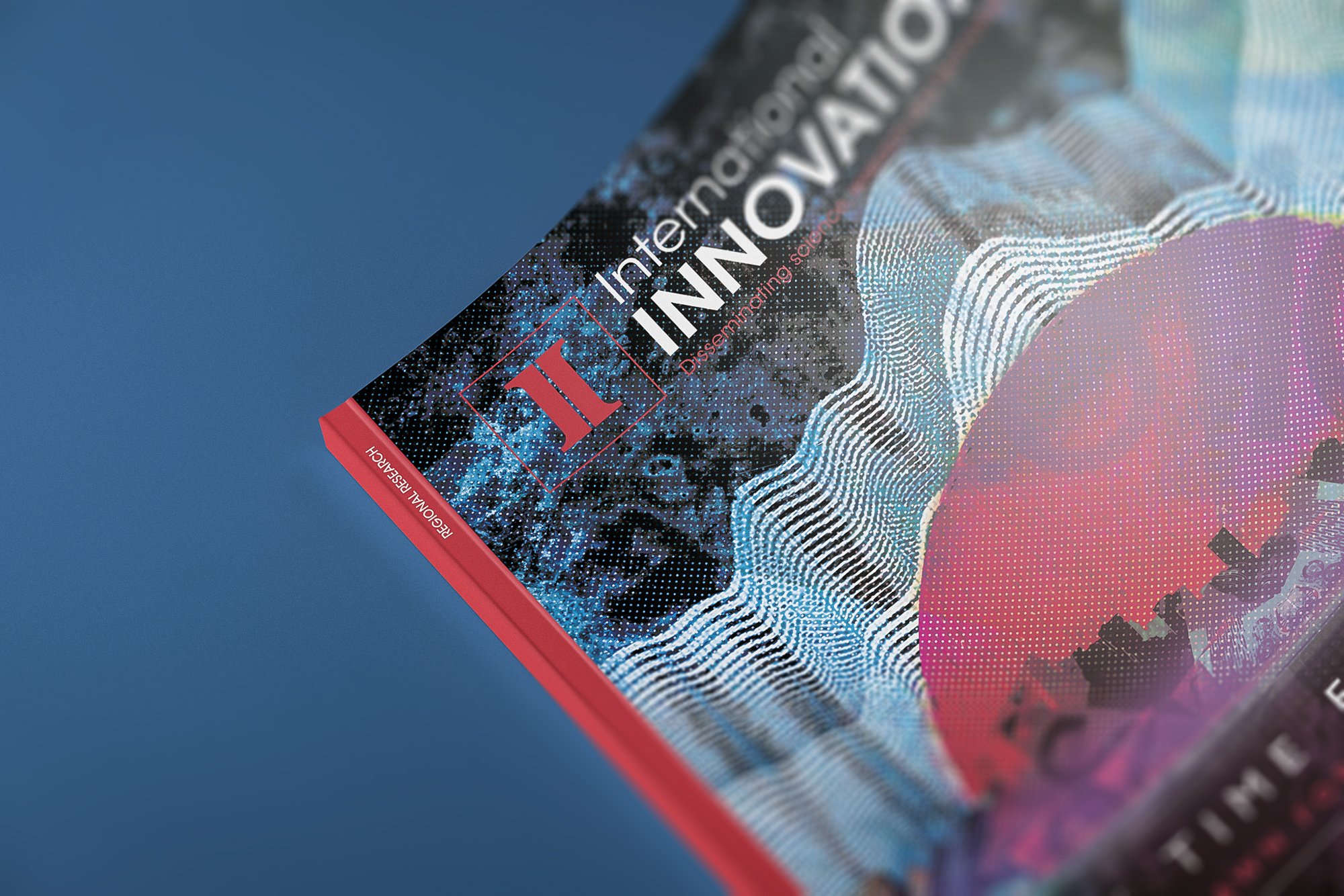 Close-up of a magazine or book cover titled 'International Innovation: Disrupting Science,' featuring a digital abstract design with blue, pink, and black colors and a red spine.