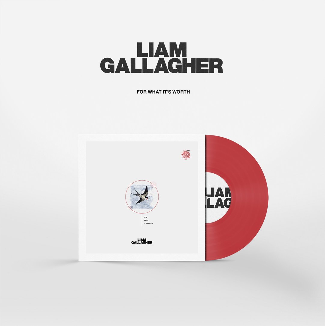 A vinyl record and cover art of Liam Gallagher's album "For What It's Worth" with a white background and black text.