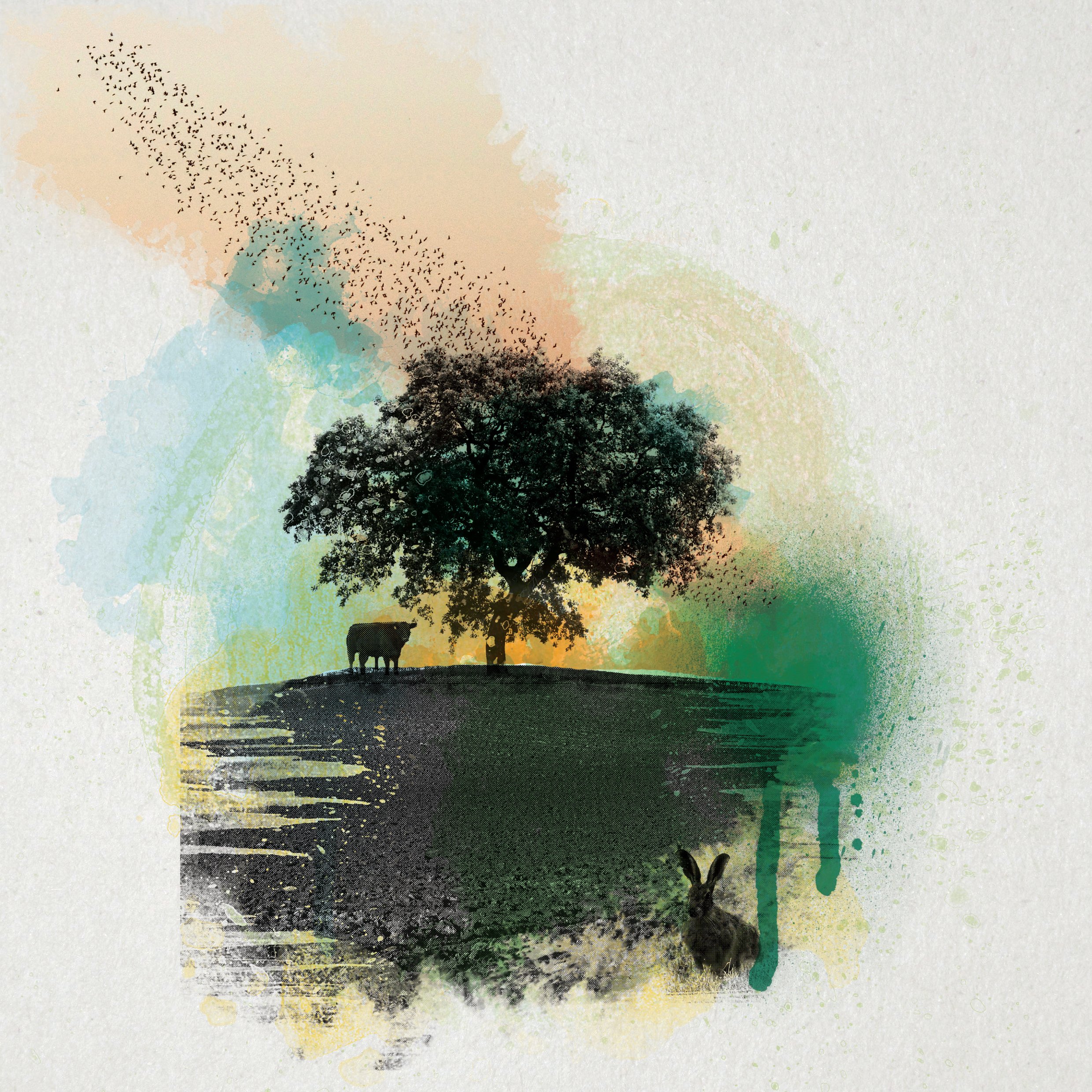 A digital watercolor-style illustration of a rural landscape with a large tree on a small hill, a cow standing beneath the tree, and a rabbit in the foreground, with birds flying in the sky.