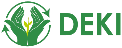 Logo with two green hands holding a small green sprout, surrounded by green arrows, and the text 'DEKI' beside it.